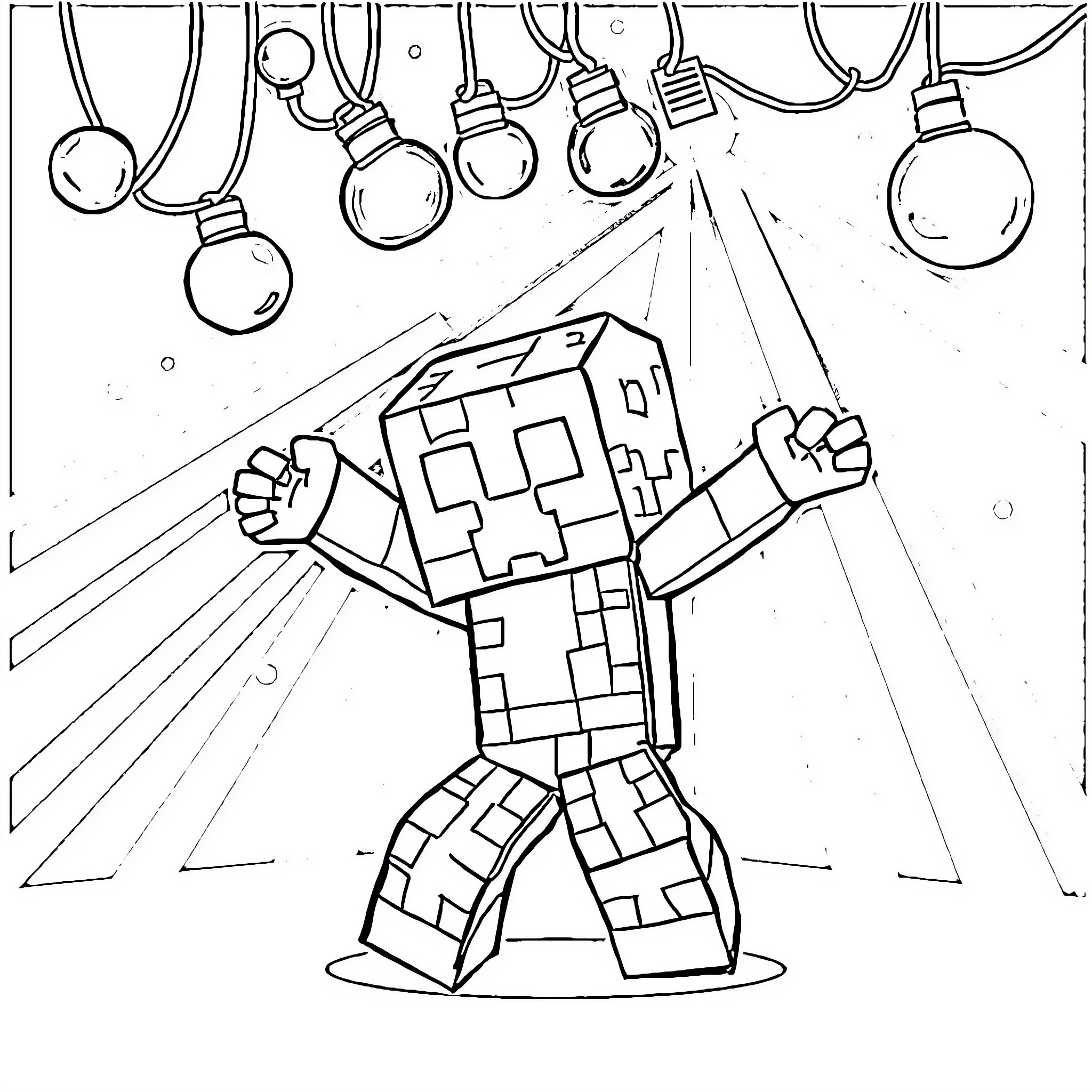 Creeper character under a spotlight in a dark setting Coloring Page (free black-and-white line drawing printable PDF for all, from beginners to advanced learners, including children, teens, adults, and seniors)