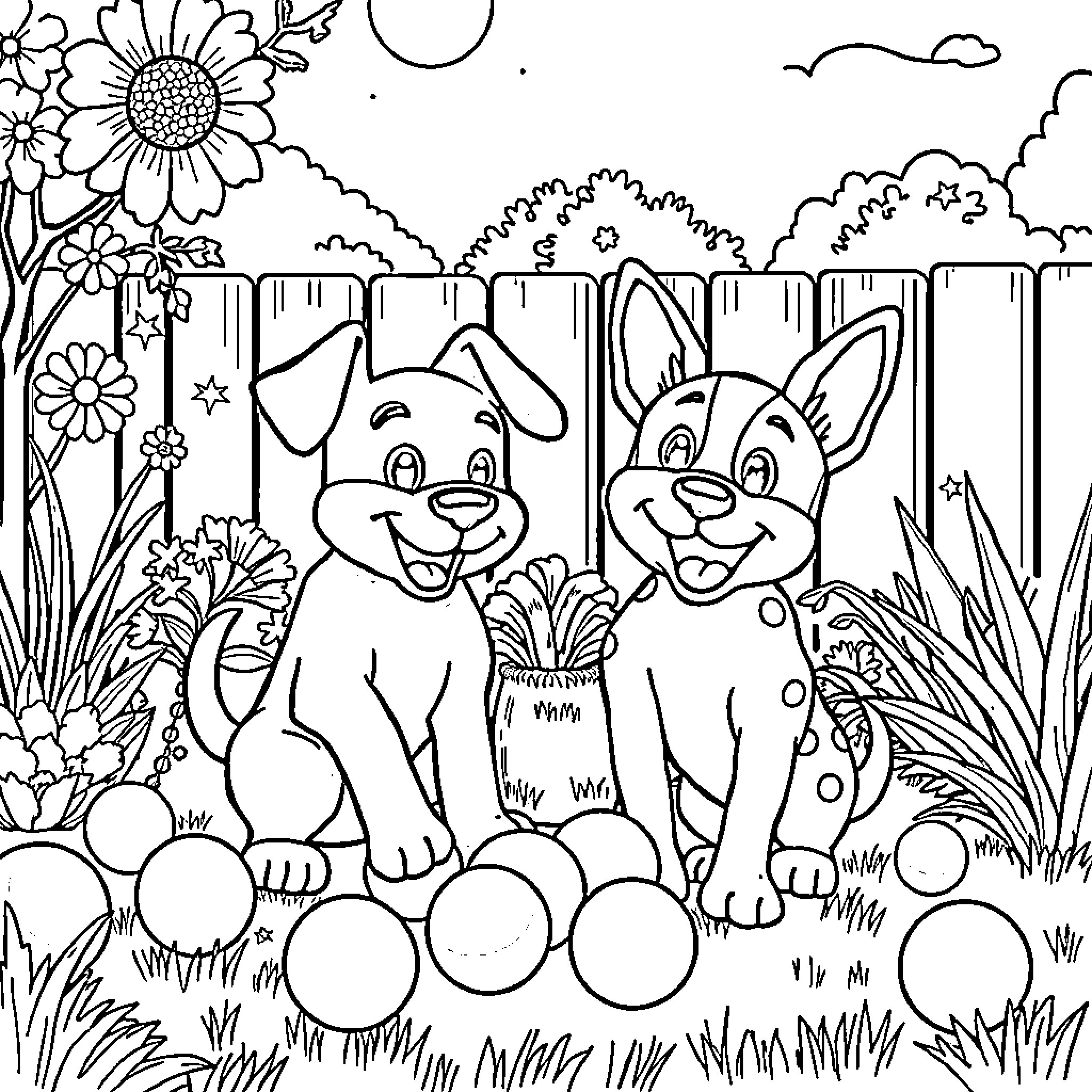 Bluey's Playful Pals in the Garden Coloring Page (free black-and-white line drawing printable PDF for all, from beginners to advanced learners, including children, teens, adults, and seniors)