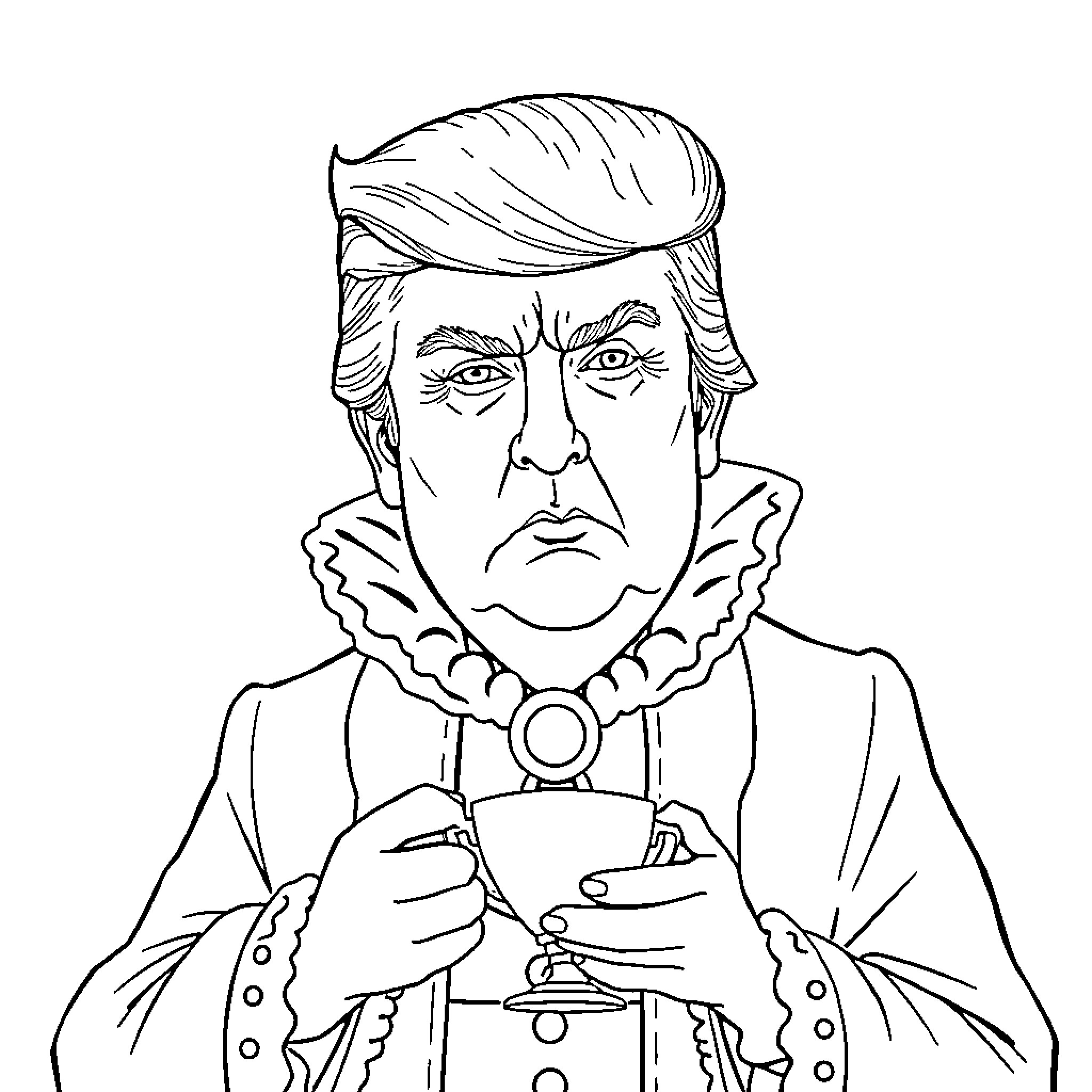 Trump in Regal Robe and Crown Coloring Page (free black-and-white line drawing printable PDF for all, from beginners to advanced learners, including children, teens, adults, and seniors)
