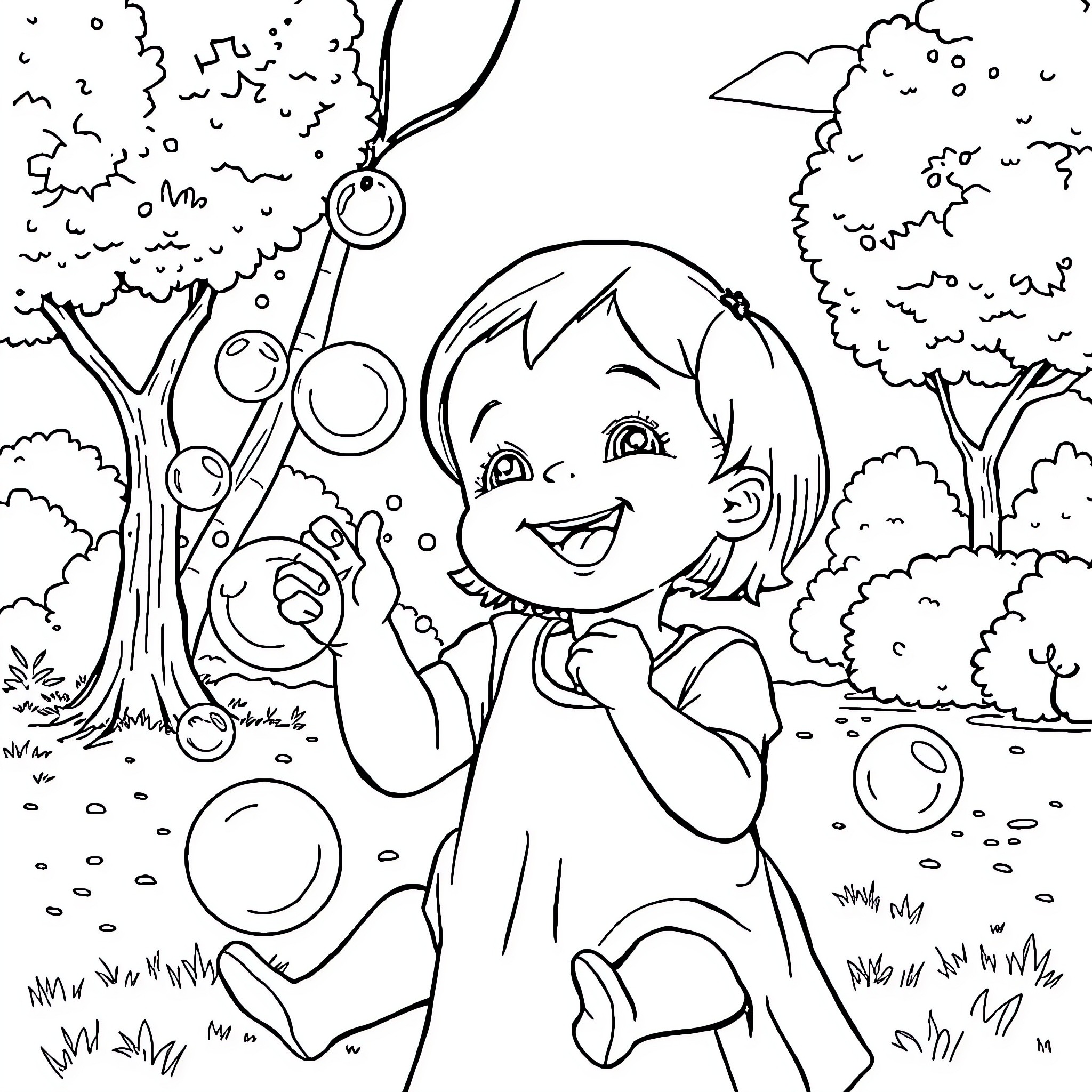 Baby Girl Playing With Bubbles in the Park Coloring Page (free black-and-white line drawing printable PDF for all, from beginners to advanced learners, including children, teens, adults, and seniors)