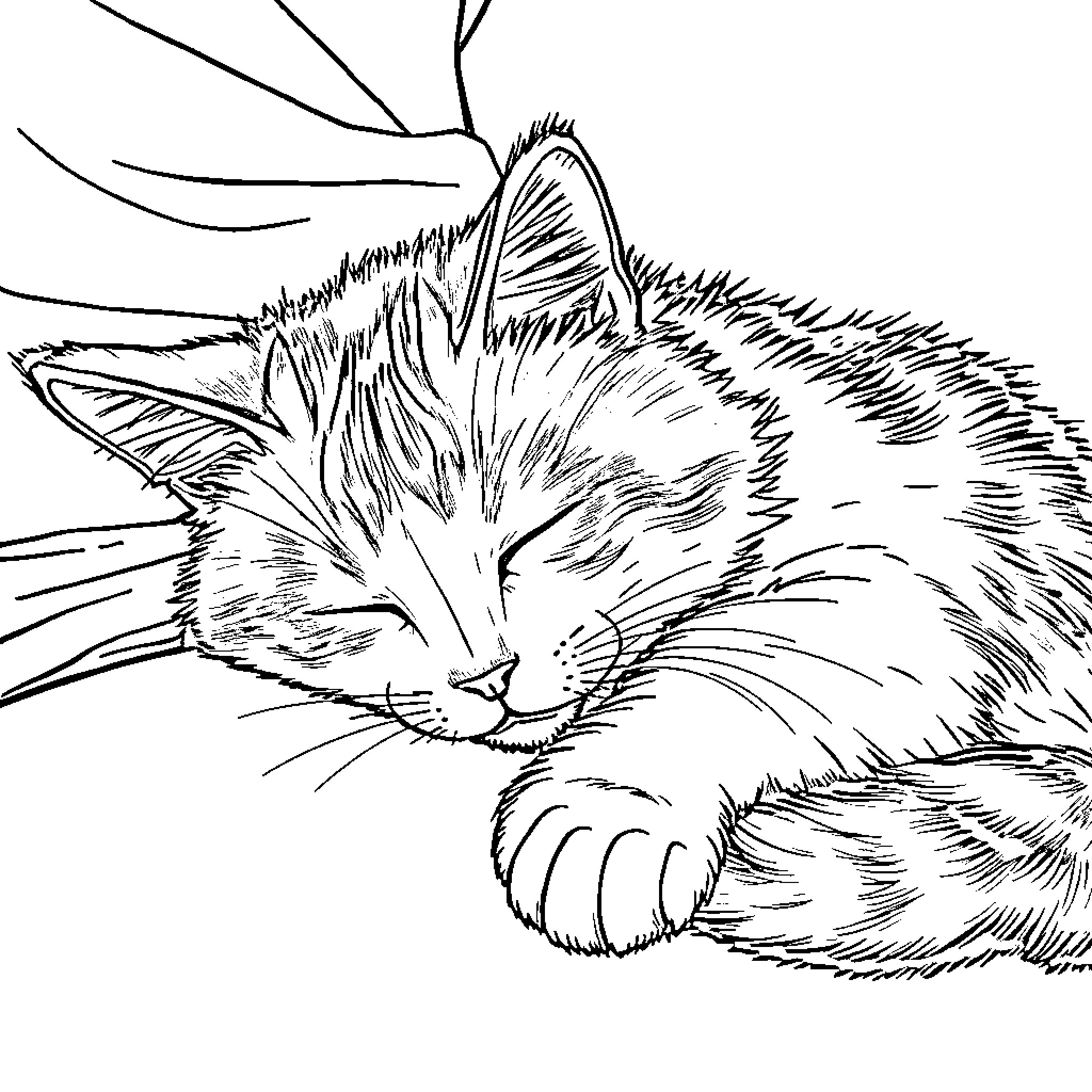 Calico Cat Sleeping Peacefully Coloring Page (free black-and-white line drawing printable PDF for all, from beginners to advanced learners, including children, teens, adults, and seniors)