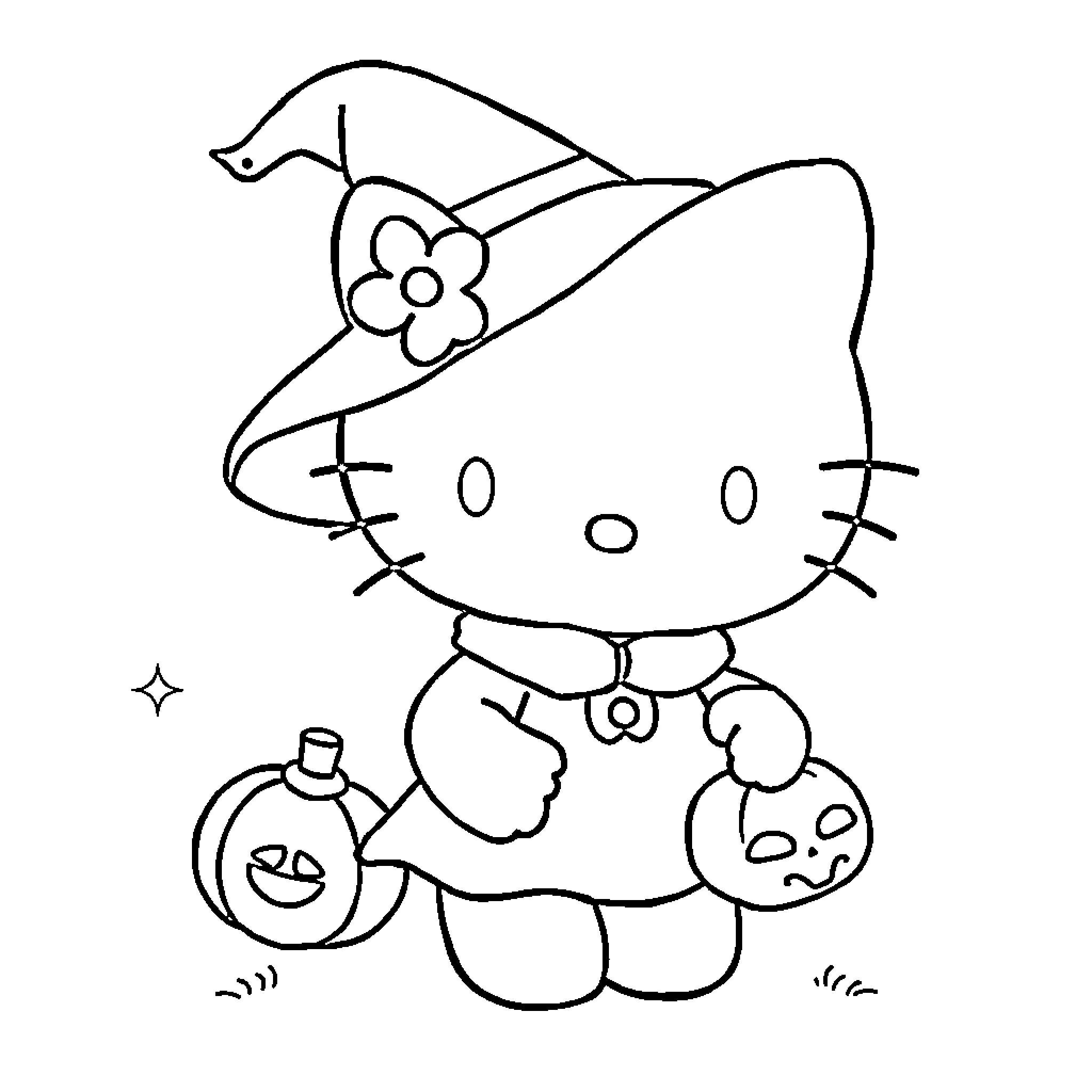 Hello Kitty Dressed as a Witch Coloring Page (free black-and-white line drawing printable PDF for all, from beginners to advanced learners, including children, teens, adults, and seniors)
