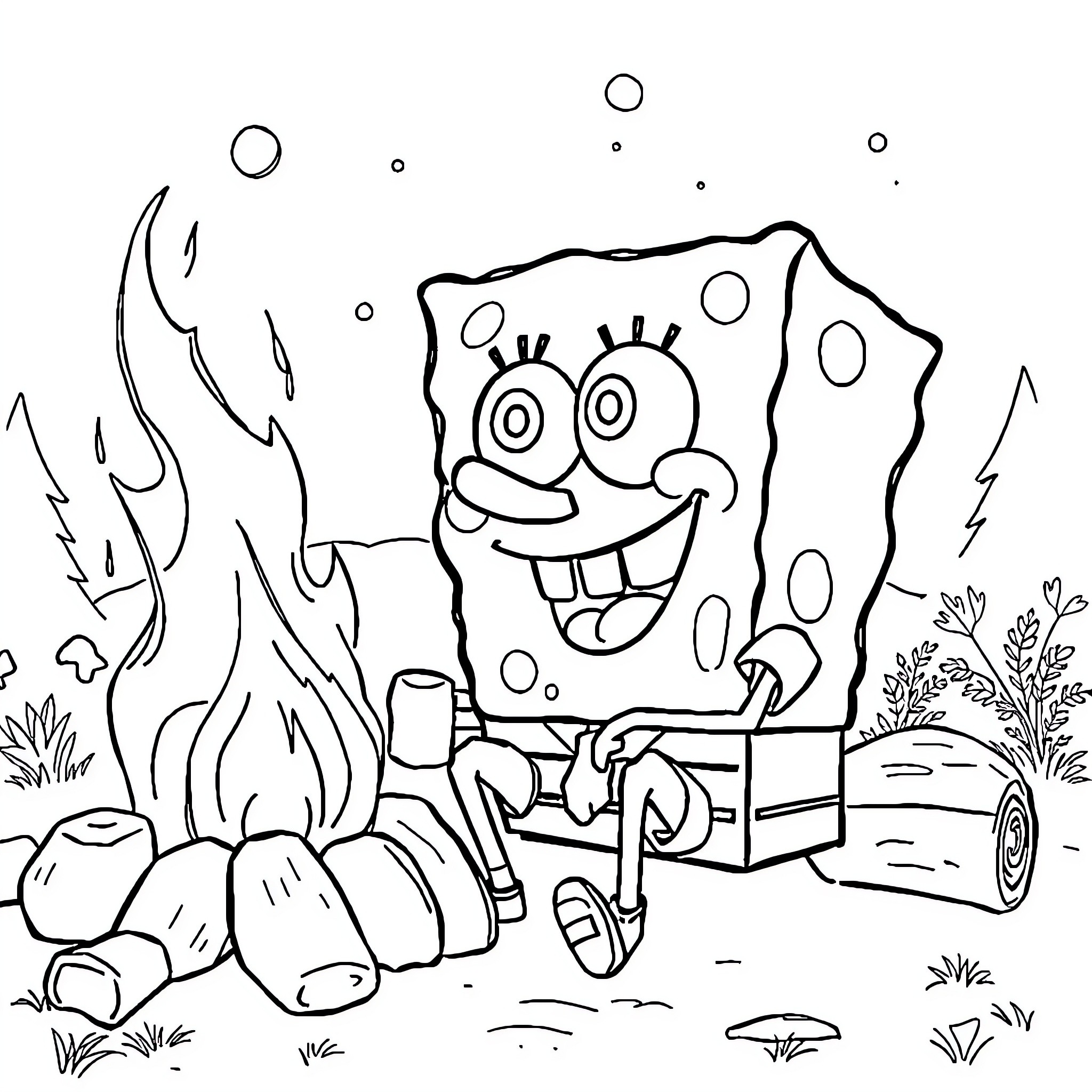 Spongebob enjoying a campfire adventure Coloring Page (free black-and-white line drawing printable PDF for all, from beginners to advanced learners, including children, teens, adults, and seniors)