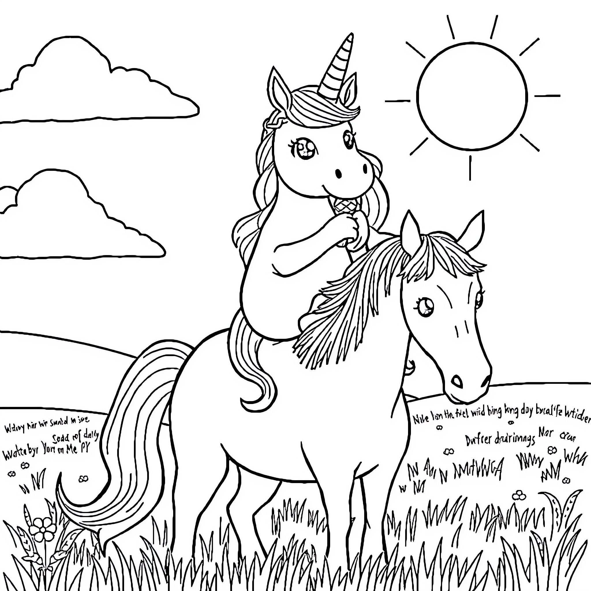 Unicorn riding a horse in a sunny field Coloring Page (free black-and-white line drawing printable PDF for all, from beginners to advanced learners, including children, teens, adults, and seniors)