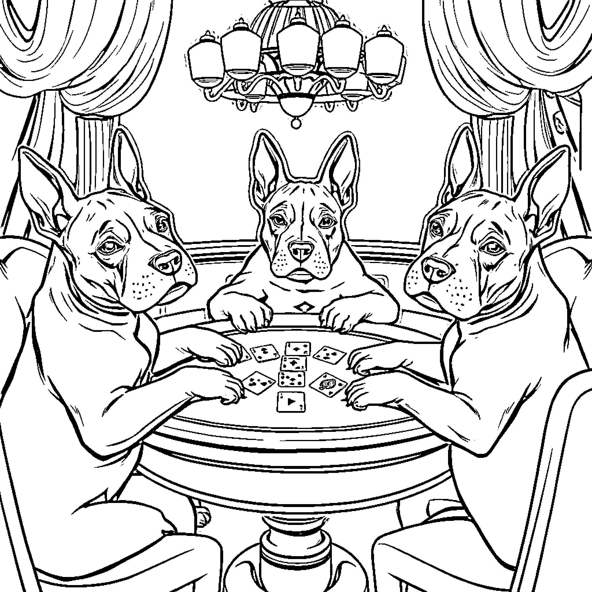 English Bull Terriers Playing Cards in Elegant Room Coloring Page (free black-and-white line drawing printable PDF for all, from beginners to advanced learners, including children, teens, adults, and seniors)