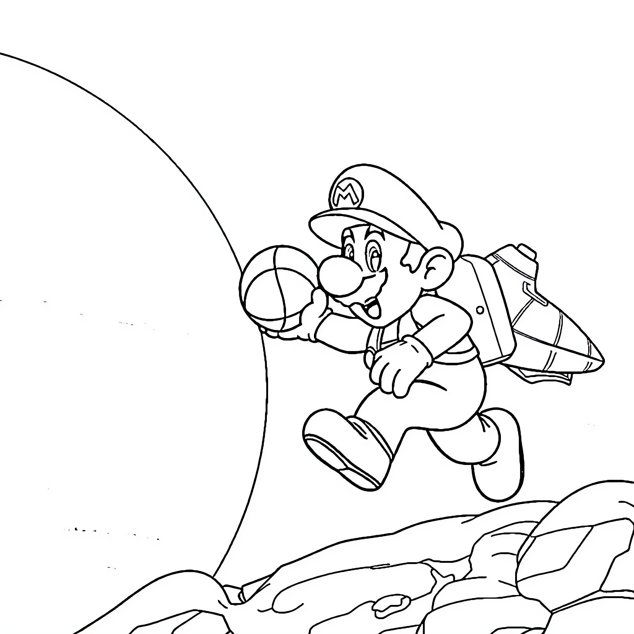 Mario exploring adventurous terrain Coloring Page (free black-and-white line drawing printable PDF for all, from beginners to advanced learners, including children, teens, adults, and seniors)