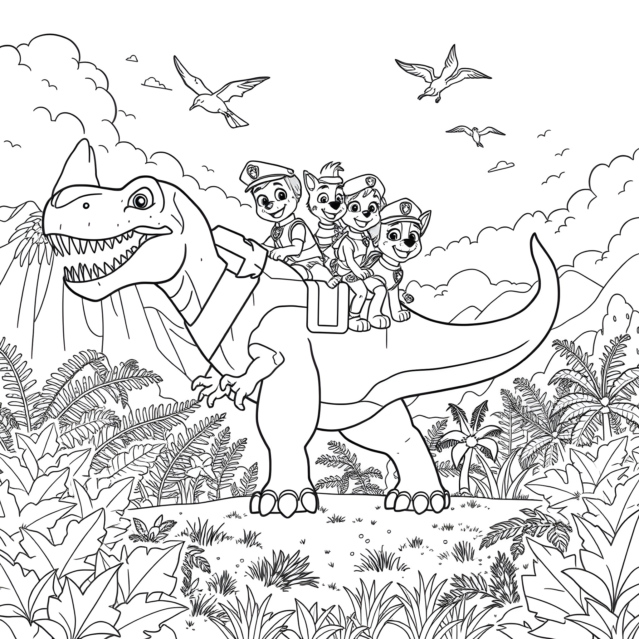 Paw Patrol Adventuring on a Dinosaur in the Jungle Coloring Page (free black-and-white line drawing printable PDF for all, from beginners to advanced learners, including children, teens, adults, and seniors)
