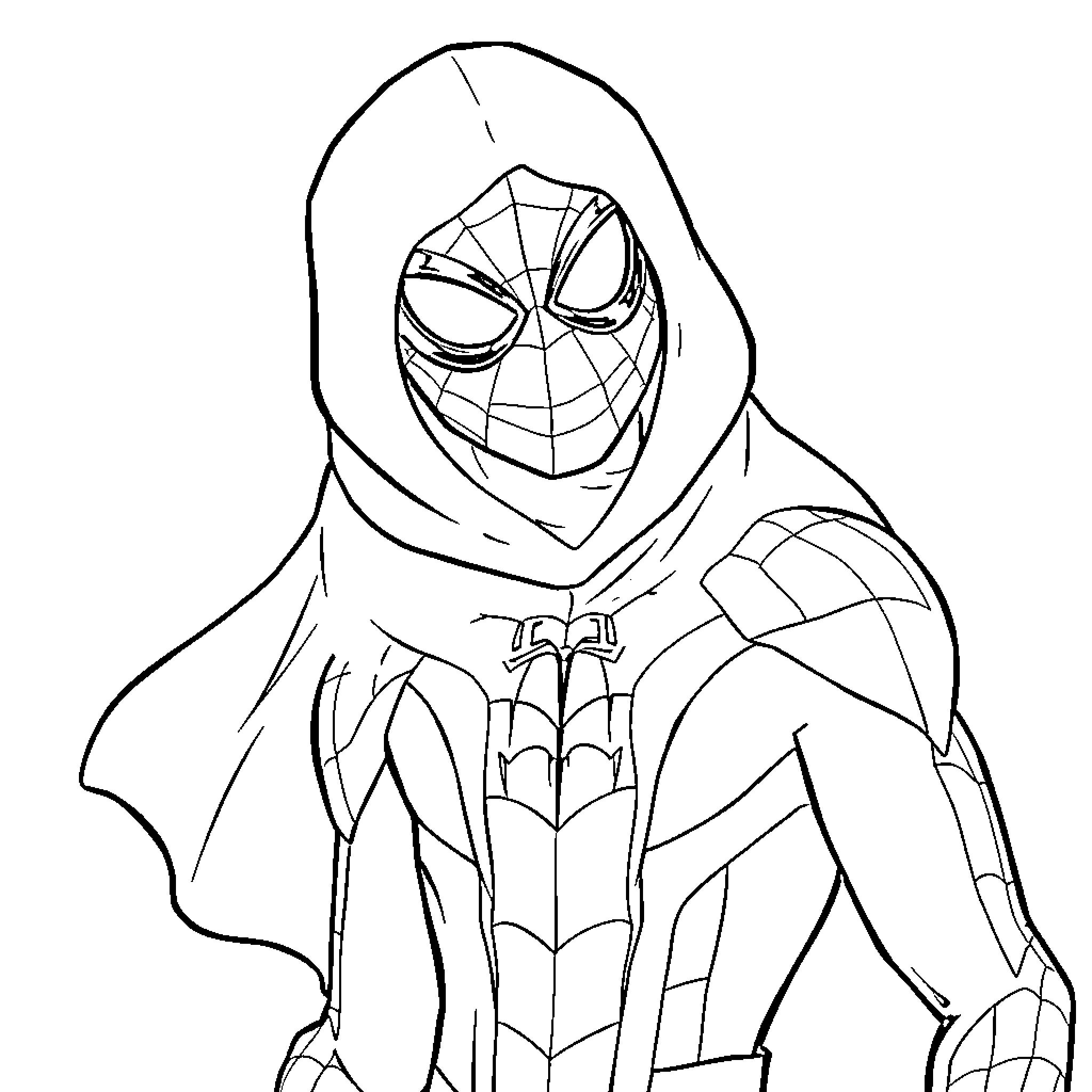 Spider-Man in heroic pose with web-slinging action Coloring Page (free black-and-white line drawing printable PDF for all, from beginners to advanced learners, including children, teens, adults, and seniors)