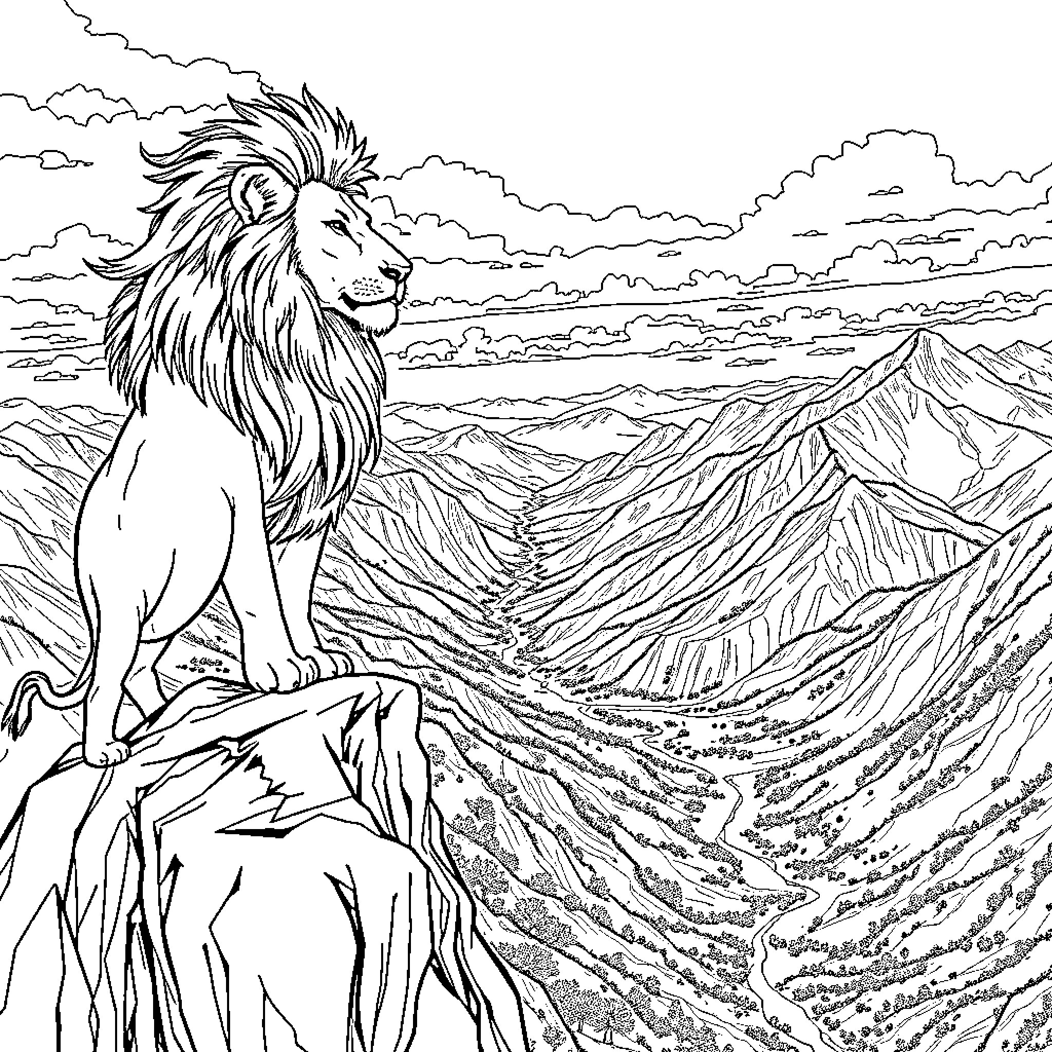Lion surveying its majestic mountain kingdom Coloring Page (free black-and-white line drawing printable PDF for all, from beginners to advanced learners, including children, teens, adults, and seniors)
