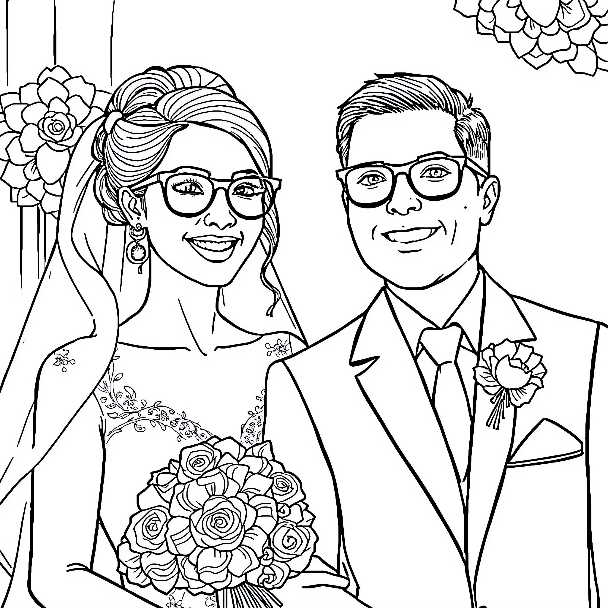 Bride and Groom Celebrating Joyful Wedding Coloring Page (free black-and-white line drawing printable PDF for all, from beginners to advanced learners, including children, teens, adults, and seniors)