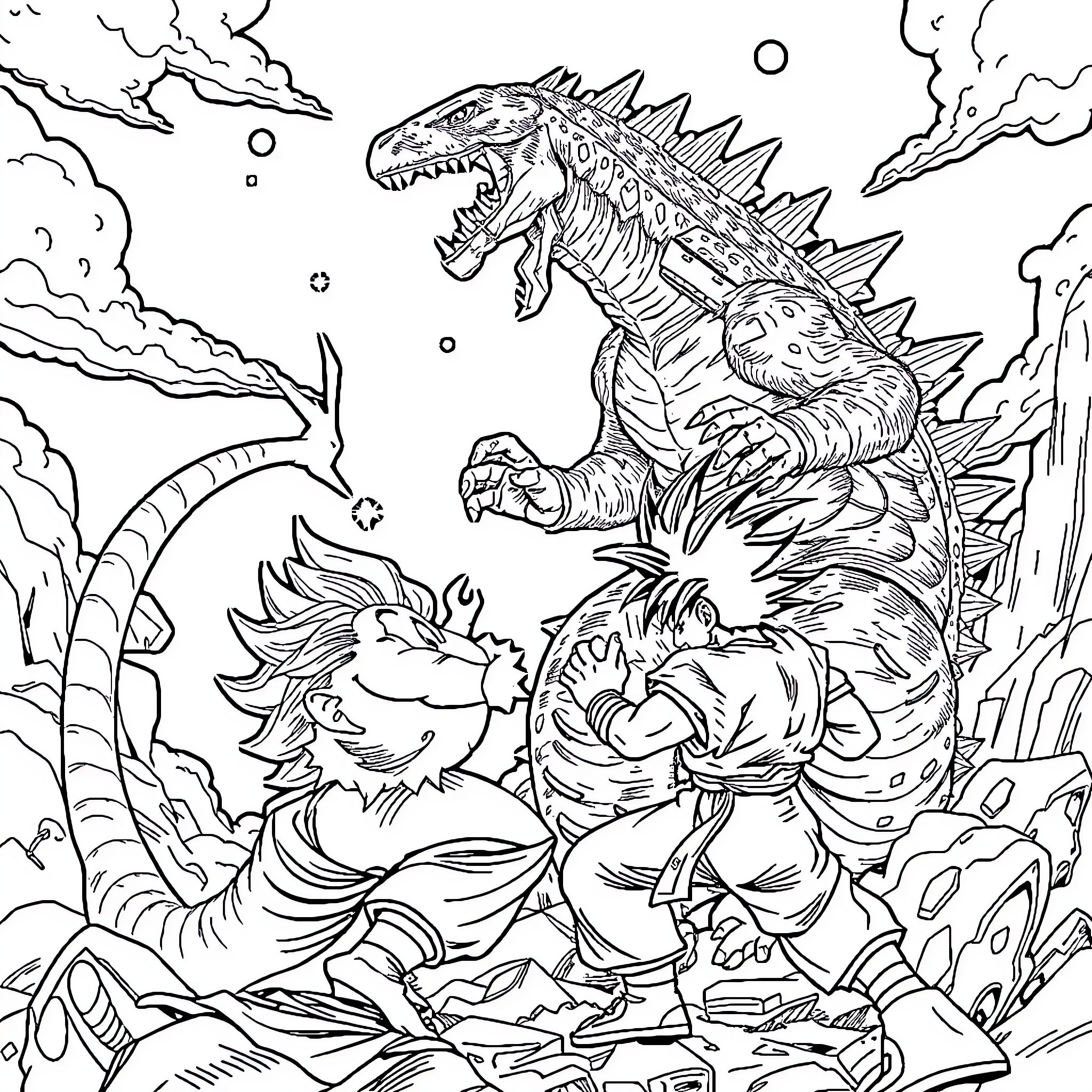 Godzilla battling against powerful warrior characters Coloring Page (free black-and-white line drawing printable PDF for all, from beginners to advanced learners, including children, teens, adults, and seniors)