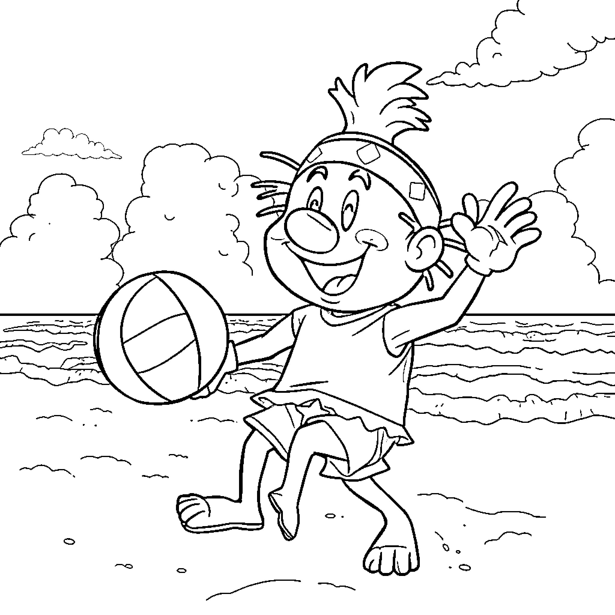 Chapulin playing happily with beach ball on the shore Coloring Page (free black-and-white line drawing printable PDF for all, from beginners to advanced learners, including children, teens, adults, and seniors)