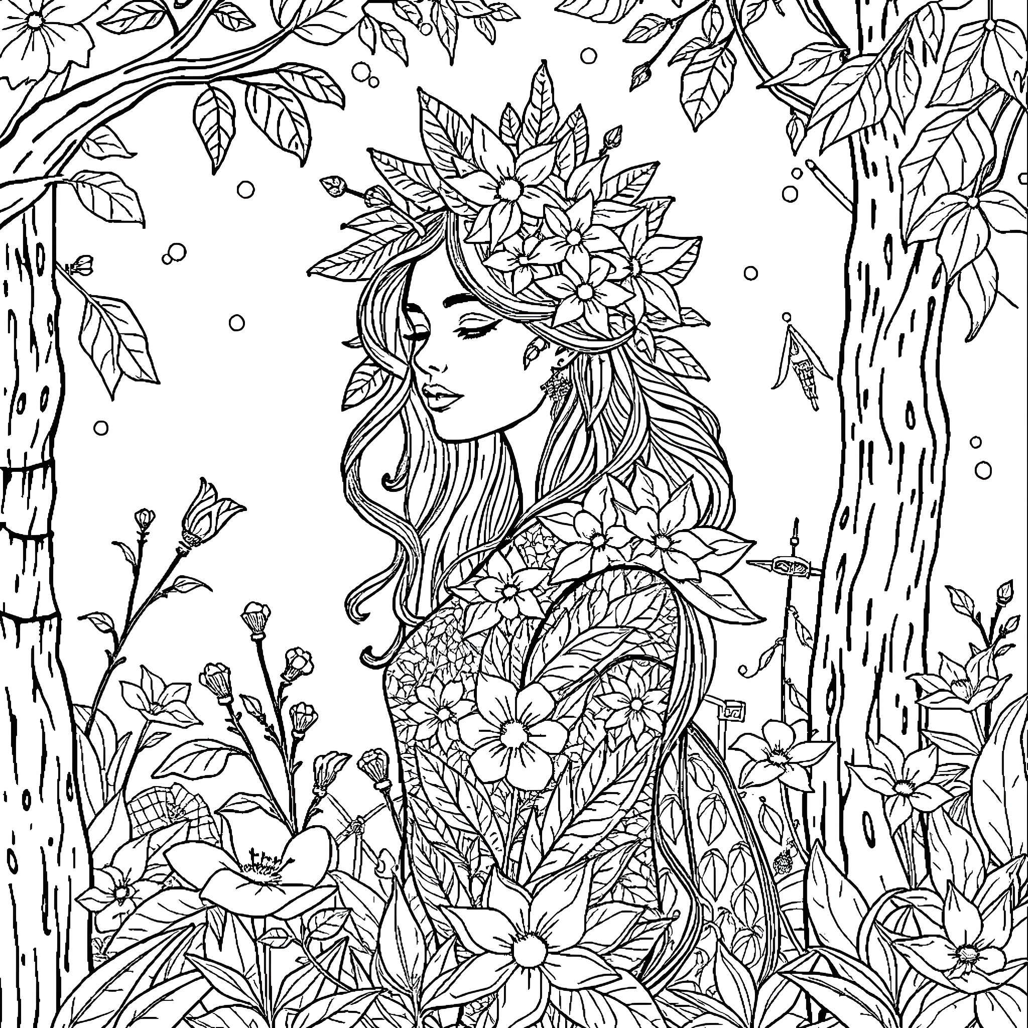 Woman surrounded by floral nature Coloring Page (free black-and-white line drawing printable PDF for all, from beginners to advanced learners, including children, teens, adults, and seniors)