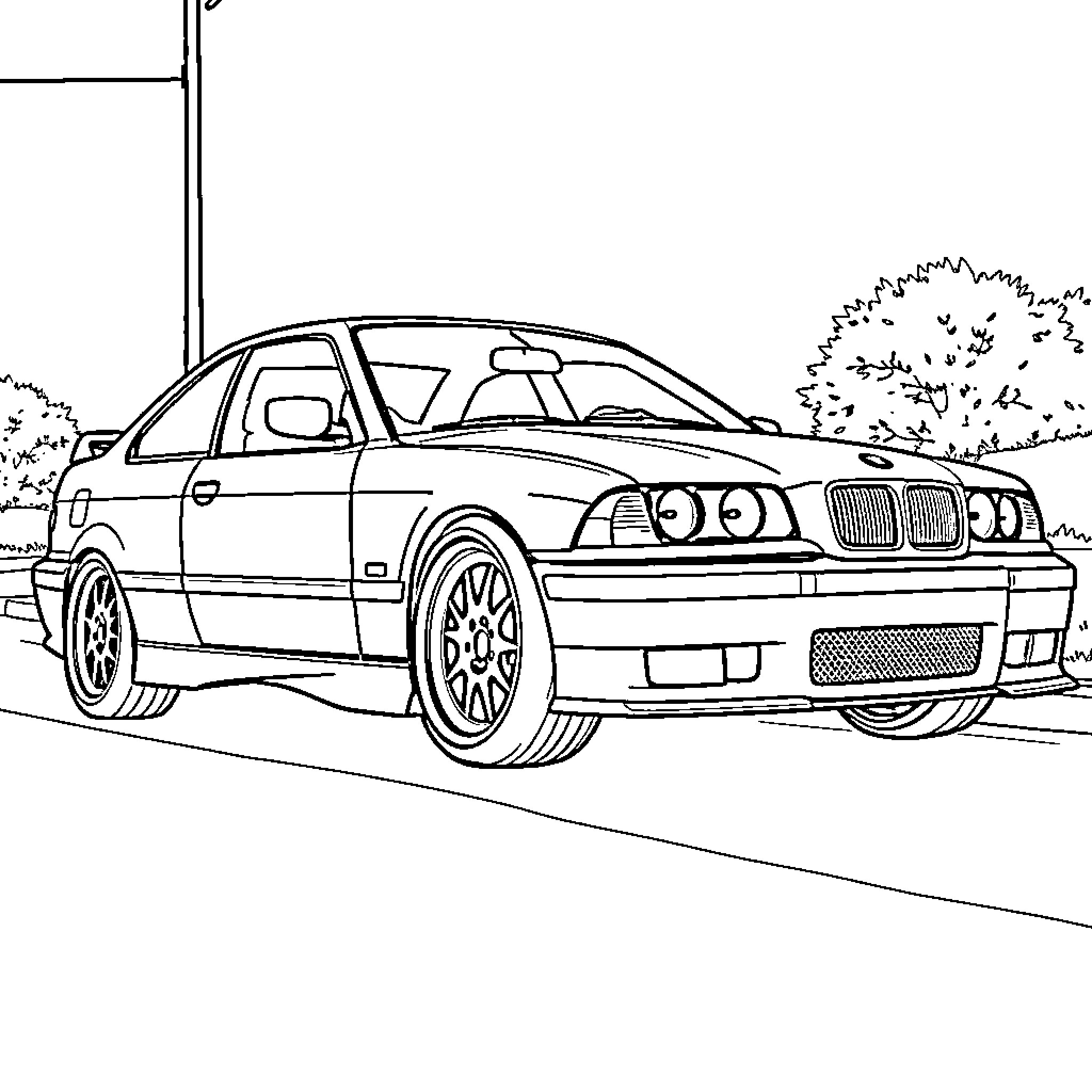 BMW M3 parked on a quiet residential street Coloring Page (free black-and-white line drawing printable PDF for all, from beginners to advanced learners, including children, teens, adults, and seniors)