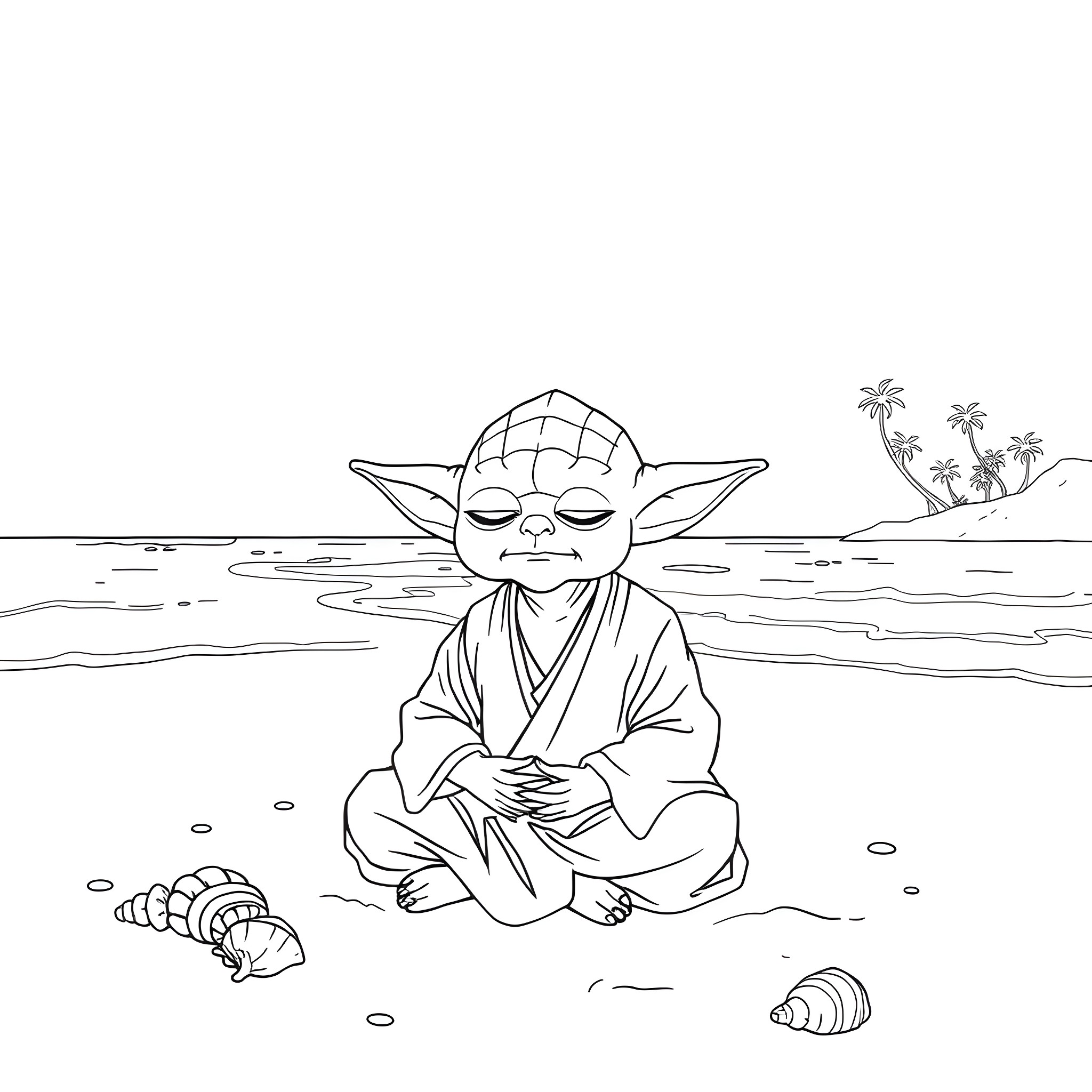 Yoda meditating on the beach Coloring Page (free black-and-white line drawing printable PDF for all, from beginners to advanced learners, including children, teens, adults, and seniors)