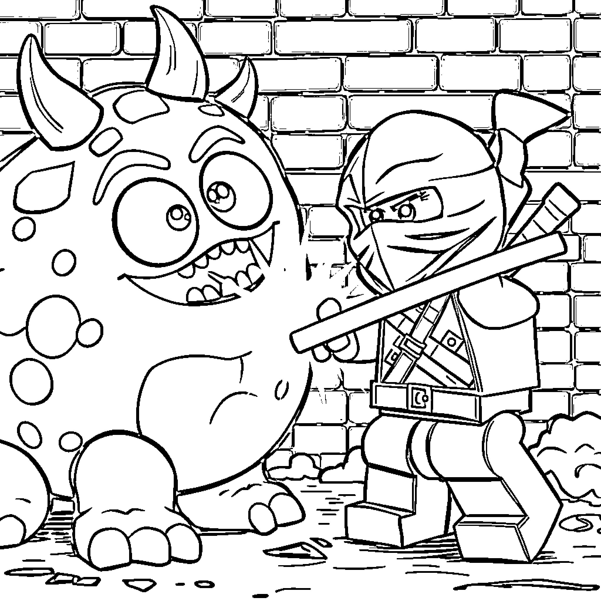 Ninja battling fierce monster in alley Coloring Page (free black-and-white line drawing printable PDF for all, from beginners to advanced learners, including children, teens, adults, and seniors)