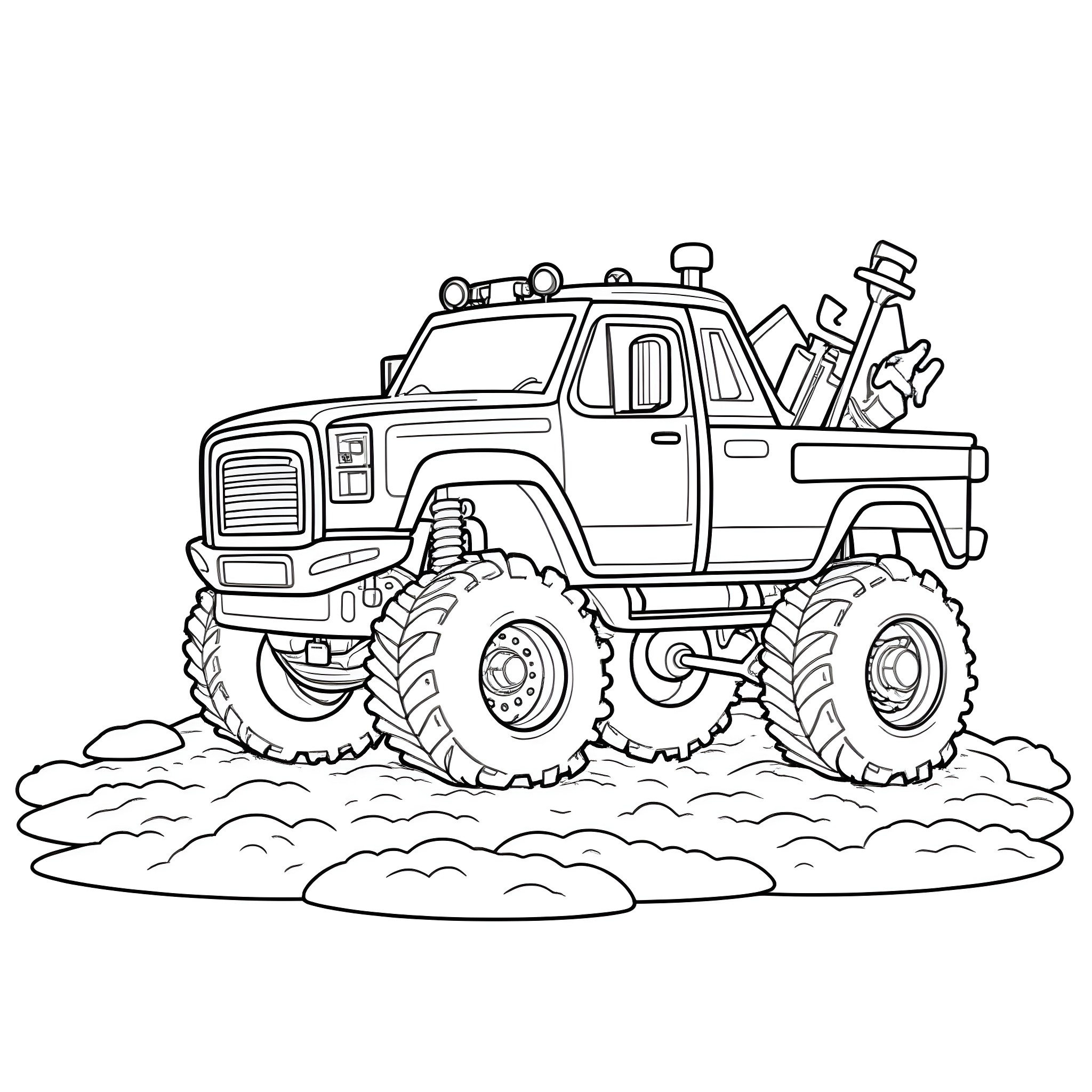 Truck with big tires in muddy terrain Coloring Page (free black-and-white line drawing printable PDF for all, from beginners to advanced learners, including children, teens, adults, and seniors)