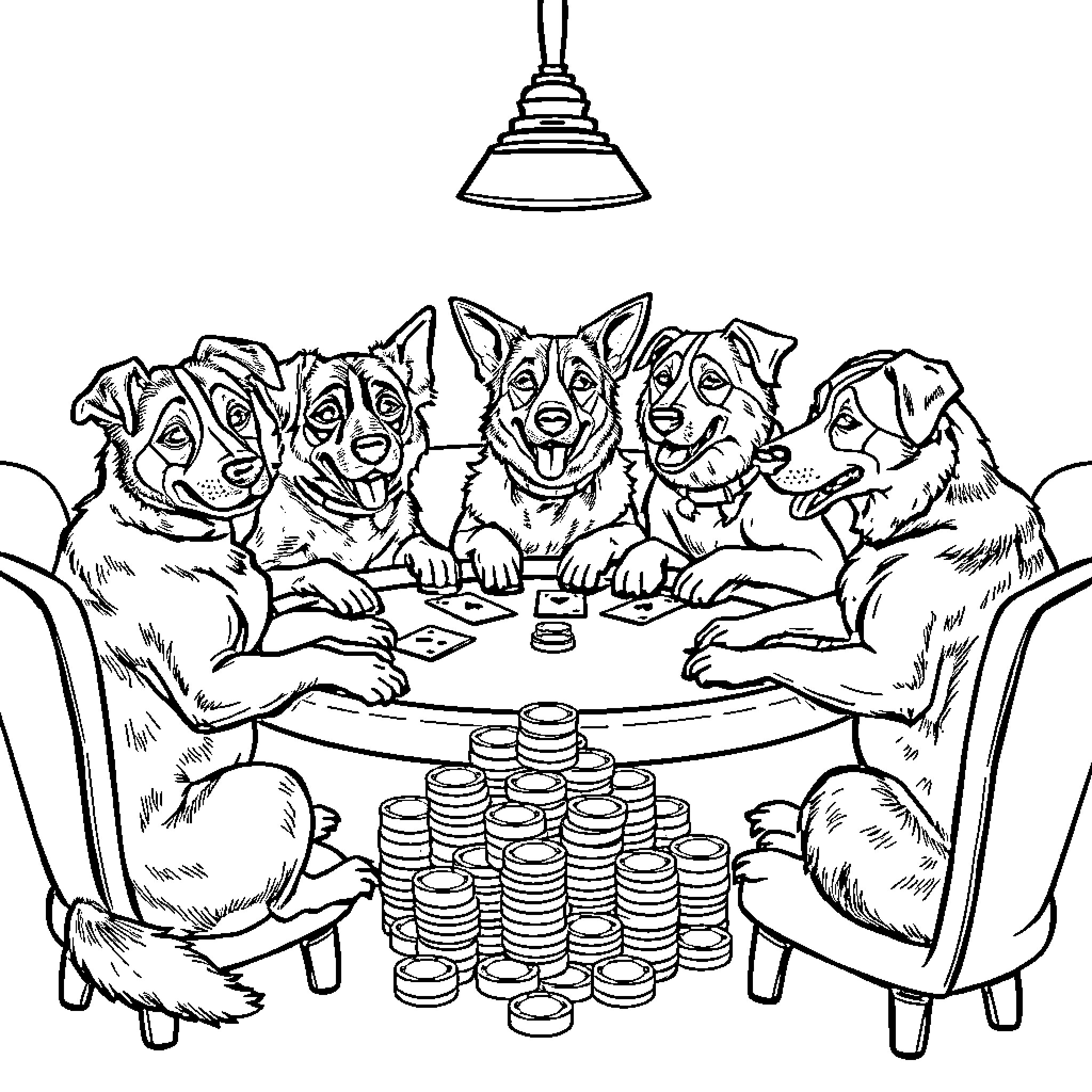 Dogs playing poker in a room Coloring Page (free black-and-white line drawing printable PDF for all, from beginners to advanced learners, including children, teens, adults, and seniors)