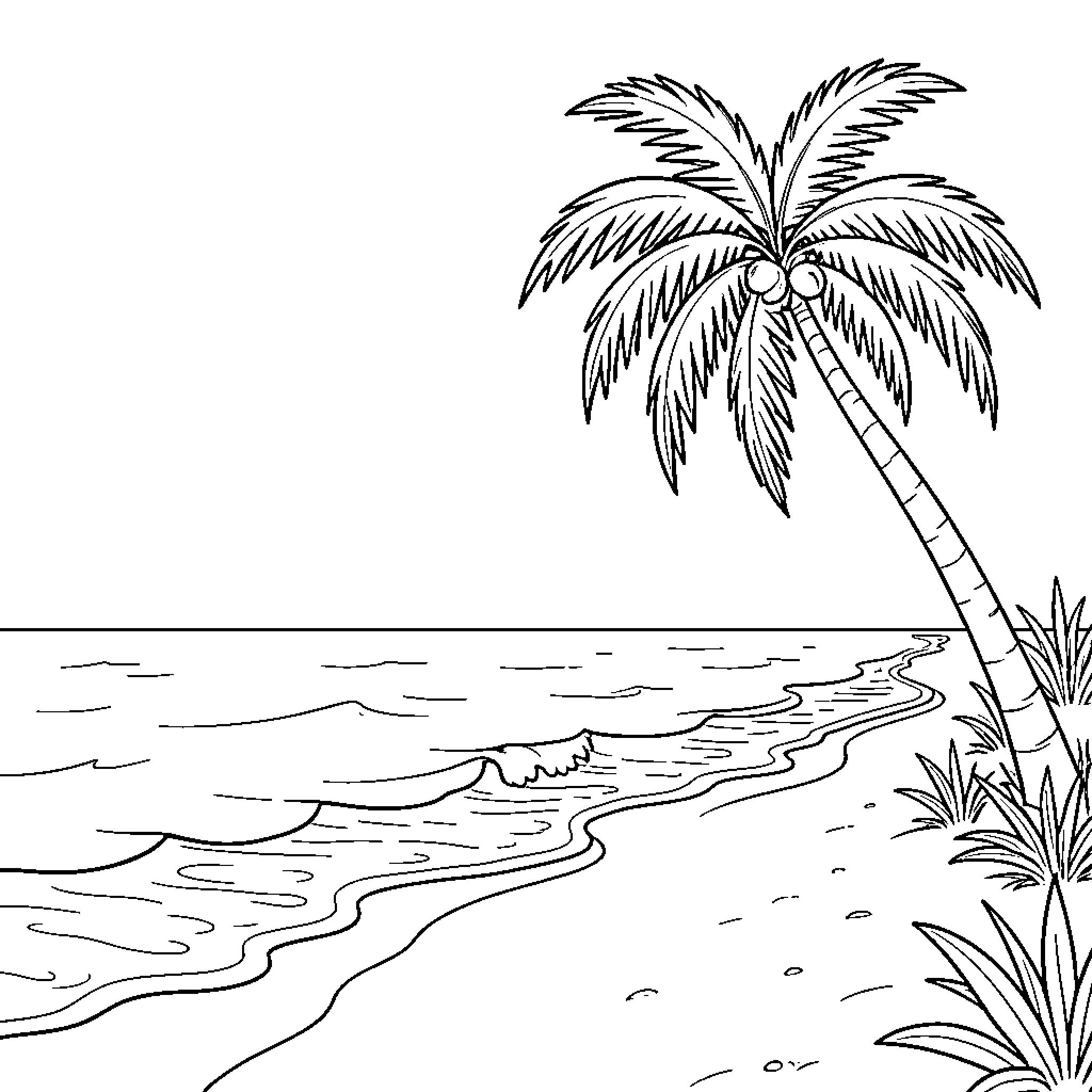 Palm Tree leaning over a peaceful tropical beach Coloring Page (free black-and-white line drawing printable PDF for all, from beginners to advanced learners, including children, teens, adults, and seniors)