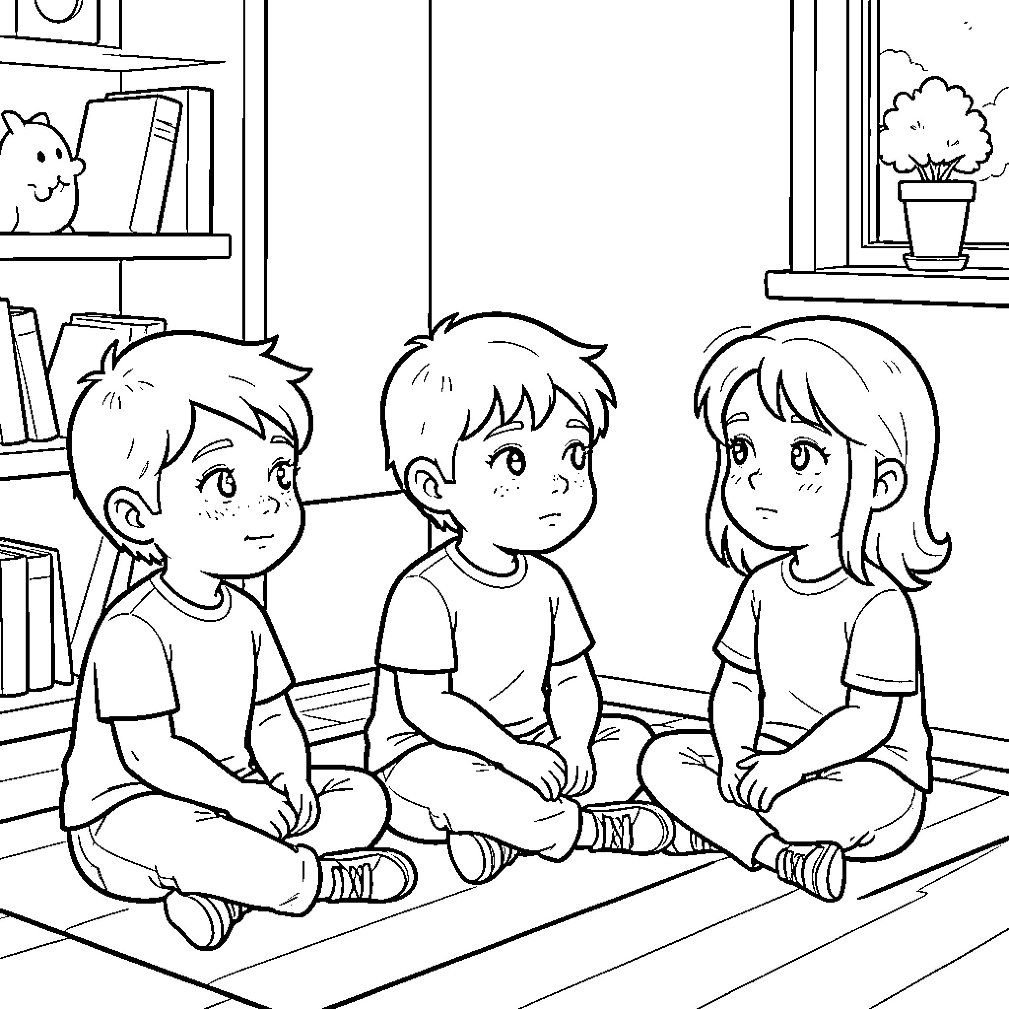 Kid Friends Sharing Thoughts in Room Coloring Page (free black-and-white line drawing printable PDF for all, from beginners to advanced learners, including children, teens, adults, and seniors)