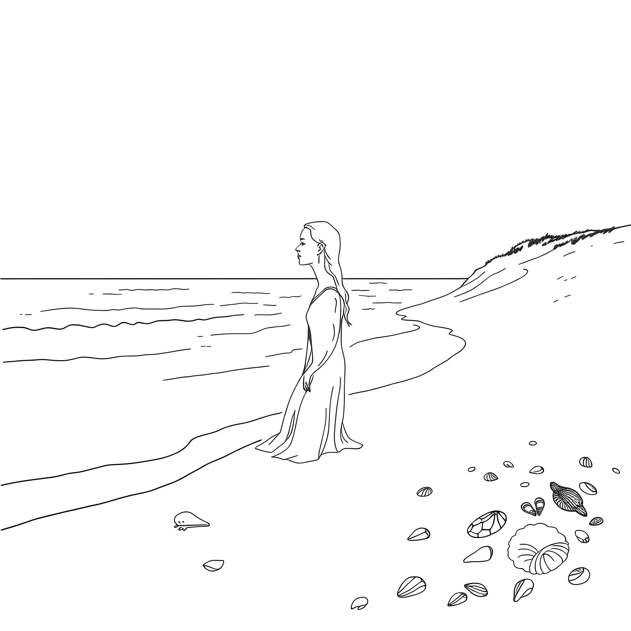 Woman walking alone on the beach Coloring Page (free black-and-white line drawing printable PDF for all, from beginners to advanced learners, including children, teens, adults, and seniors)