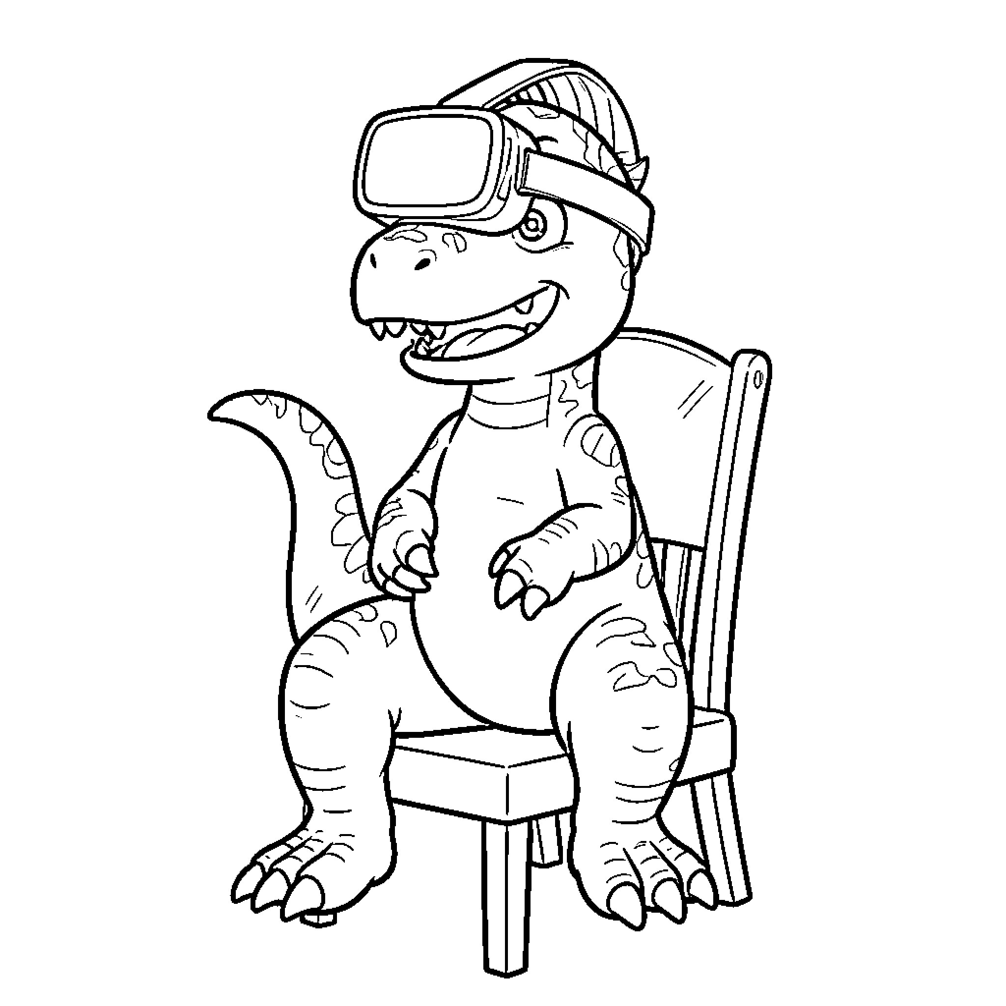 Dinosaur wearing VR headset while sitting on a chair Coloring Page (free black-and-white line drawing printable PDF for all, from beginners to advanced learners, including children, teens, adults, and seniors)