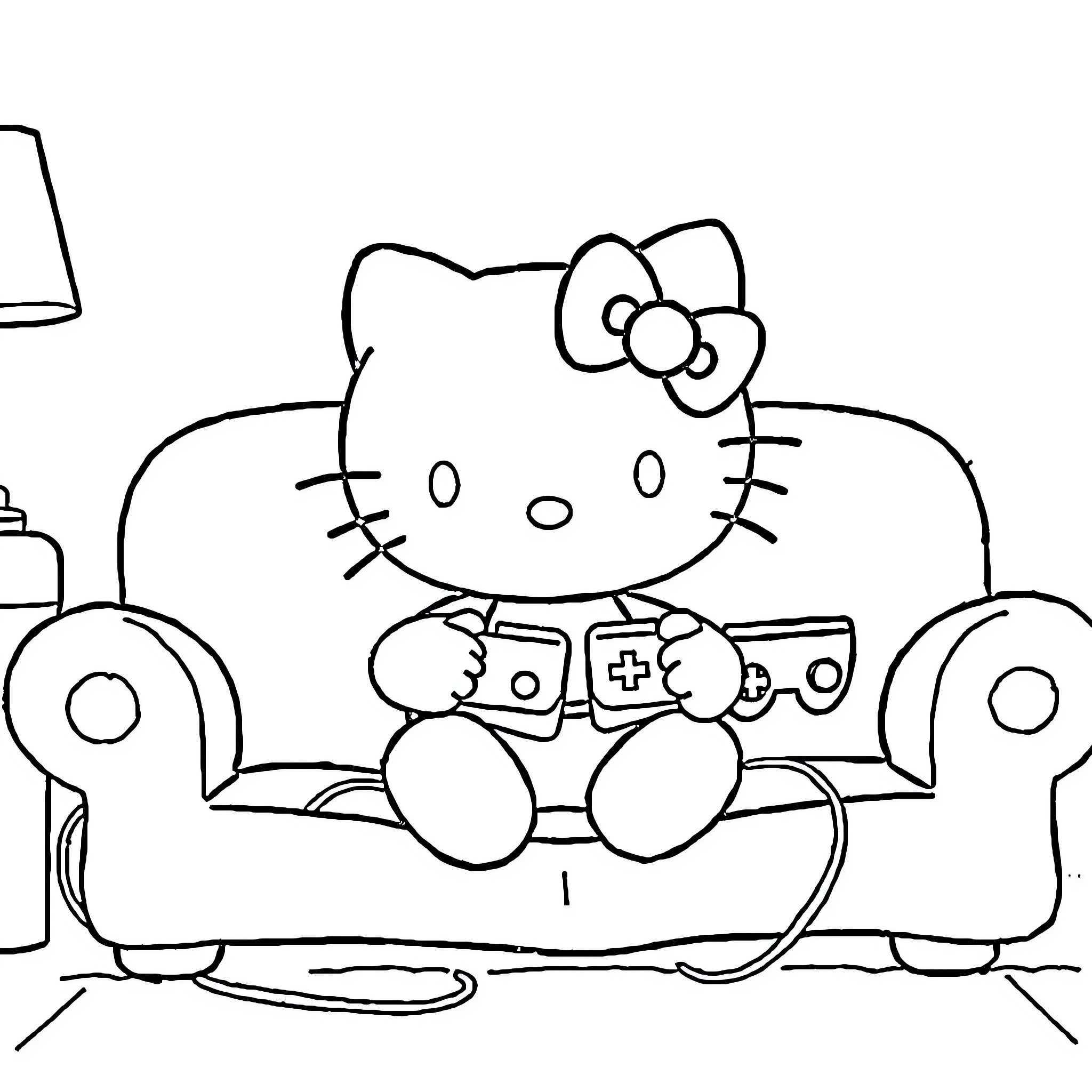 Hello Kitty playing video games on the couch Coloring Page (free black-and-white line drawing printable PDF for all, from beginners to advanced learners, including children, teens, adults, and seniors)