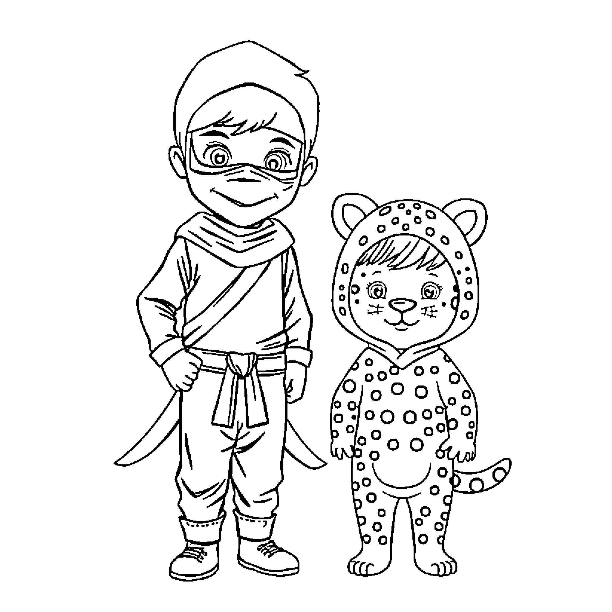 Boy in Costume Plays with Stuffed Animal Coloring Page (free black-and-white line drawing printable PDF for all, from beginners to advanced learners, including children, teens, adults, and seniors)