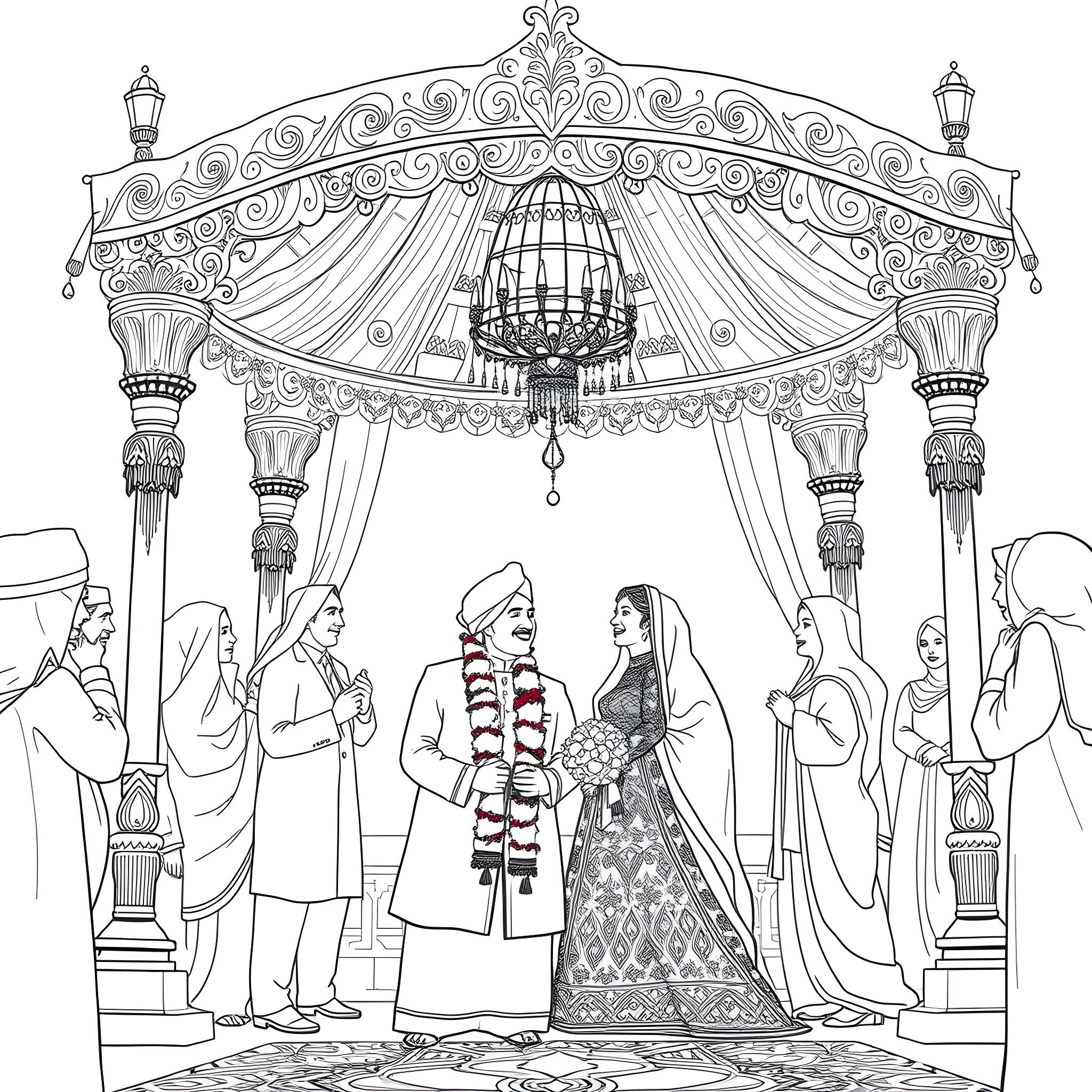 Wedding Ceremony in Ornate Setting Coloring Page (free black-and-white line drawing printable PDF for all, from beginners to advanced learners, including children, teens, adults, and seniors)
