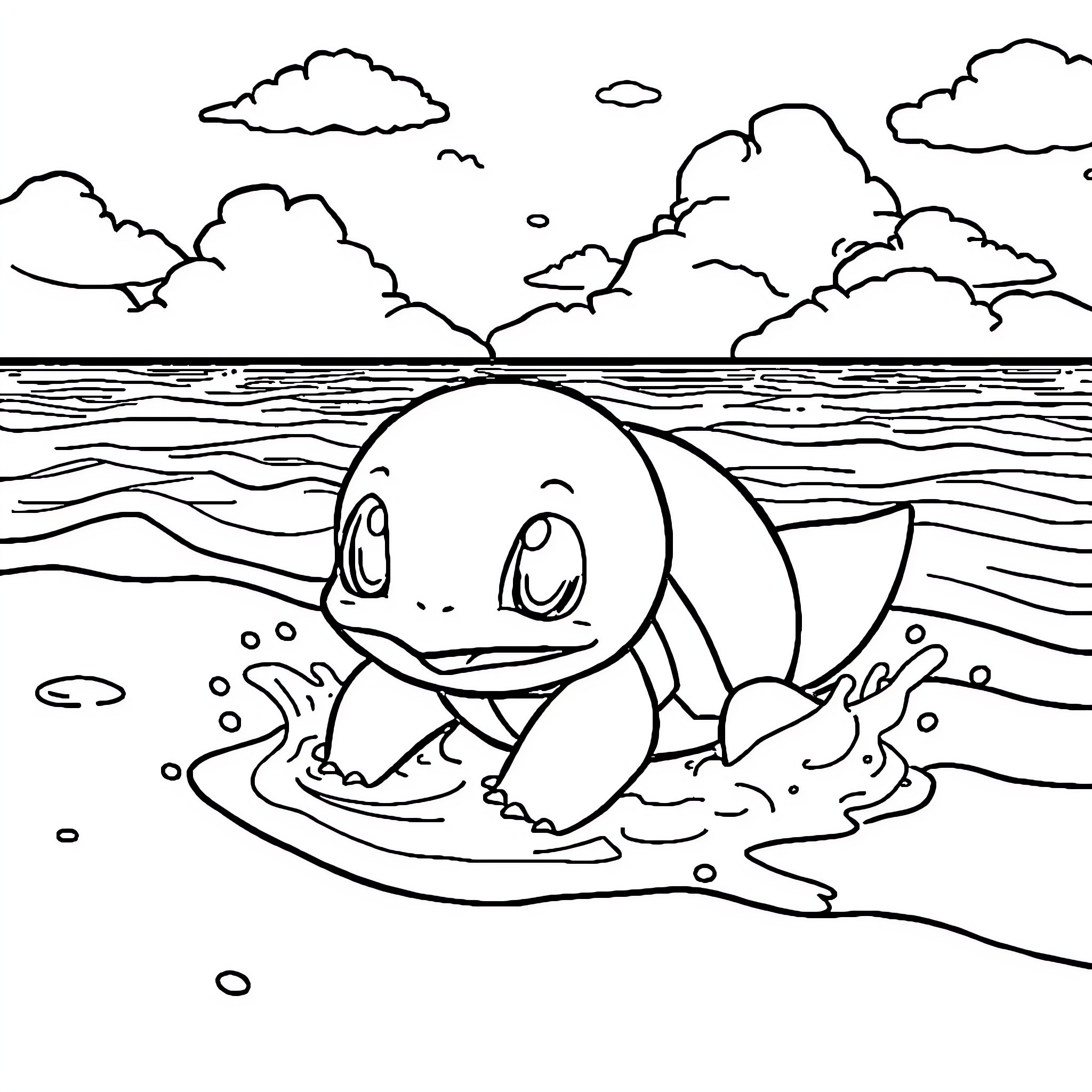 Squirtle enjoying a splash in the waves Coloring Page (free black-and-white line drawing printable PDF for all, from beginners to advanced learners, including children, teens, adults, and seniors)