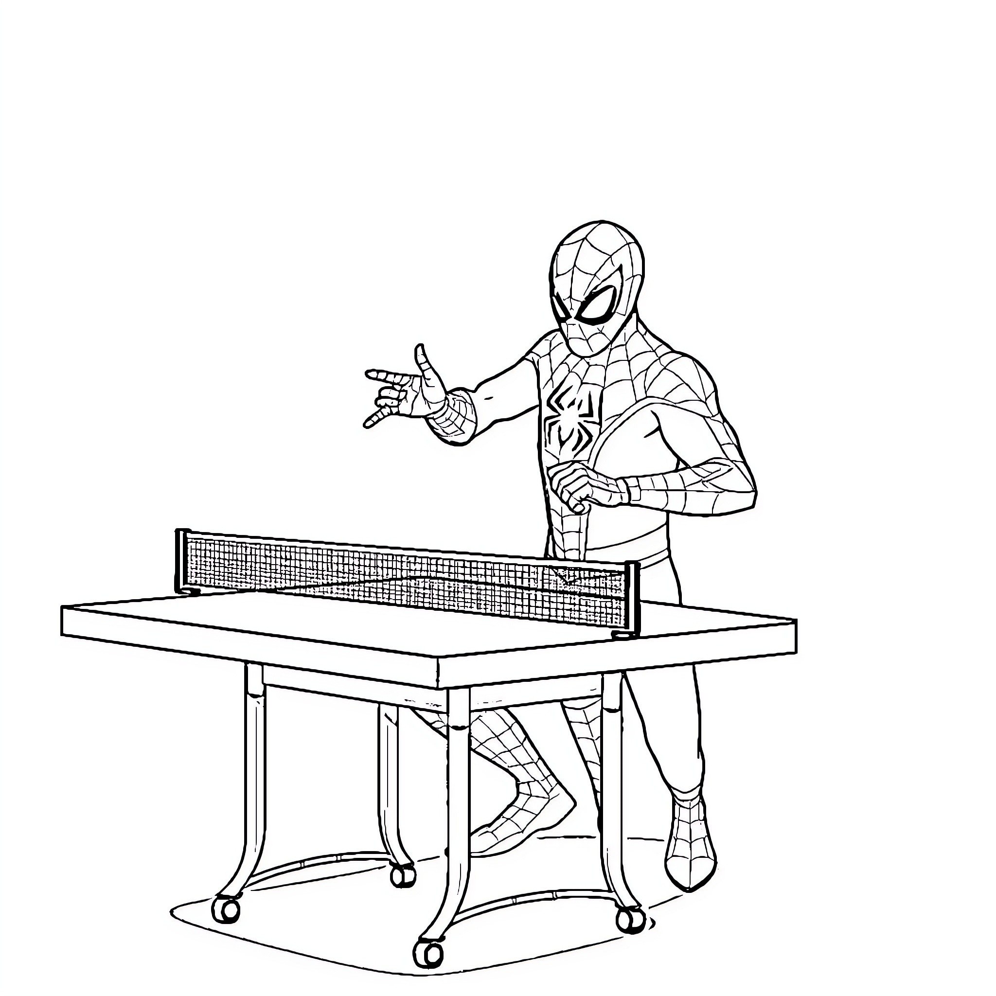 Spiderman playing table tennis with determination Coloring Page (free black-and-white line drawing printable PDF for all, from beginners to advanced learners, including children, teens, adults, and seniors)
