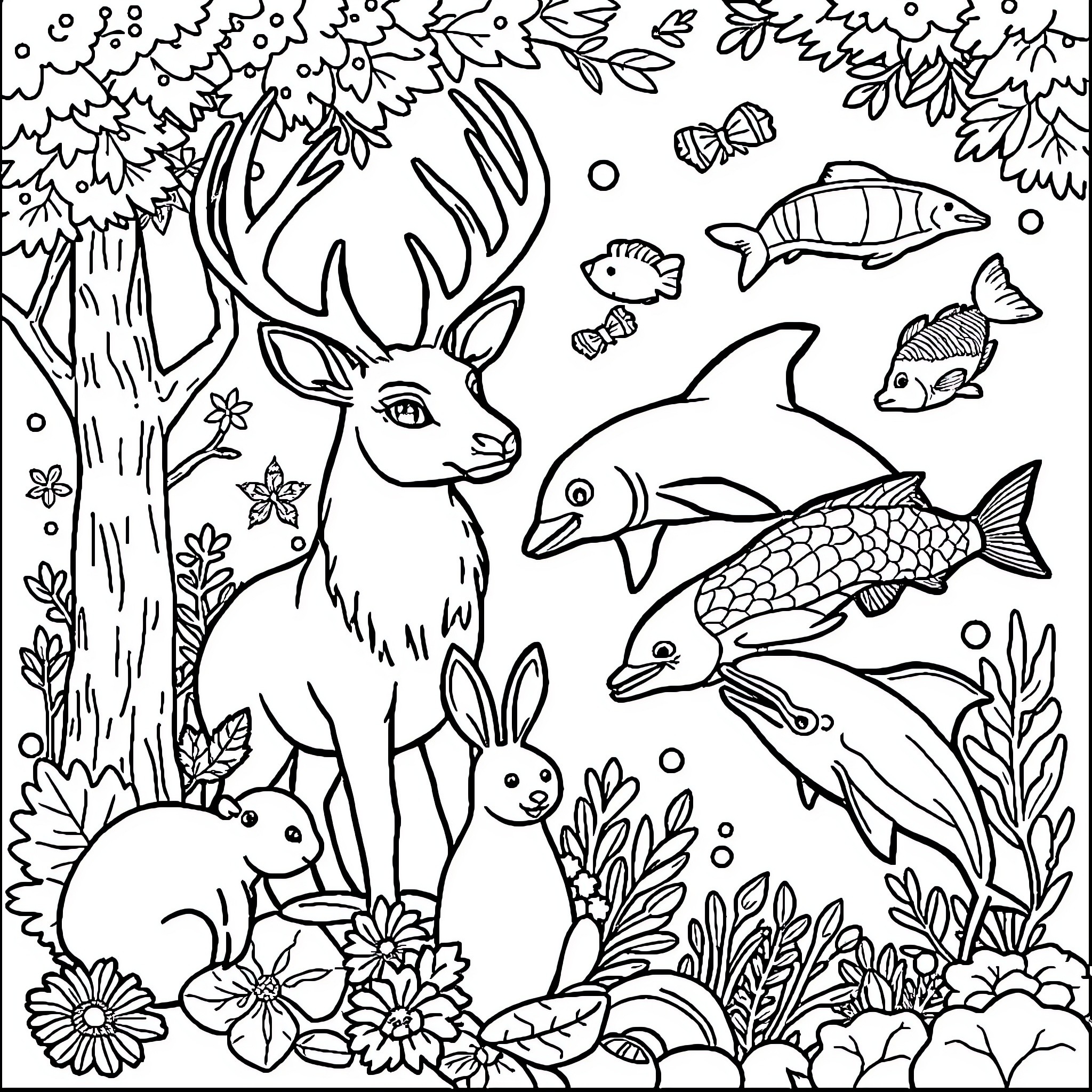 Animal Forest Dwellers and Sea Creatures Coloring Page (free black-and-white line drawing printable PDF for all, from beginners to advanced learners, including children, teens, adults, and seniors)