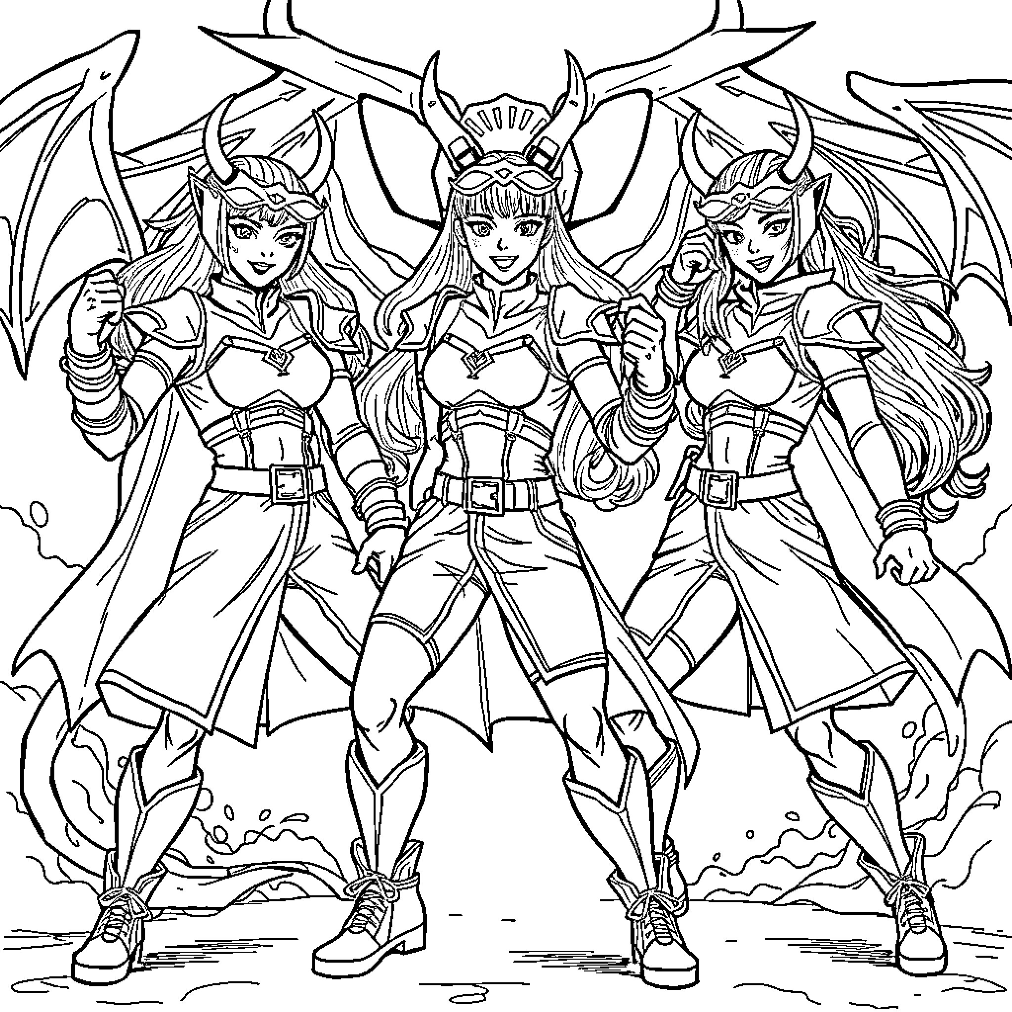 K Pop Warrior Trio Showcasing Fierce Attire and Poses Coloring Page (free black-and-white line drawing printable PDF for all, from beginners to advanced learners, including children, teens, adults, and seniors)