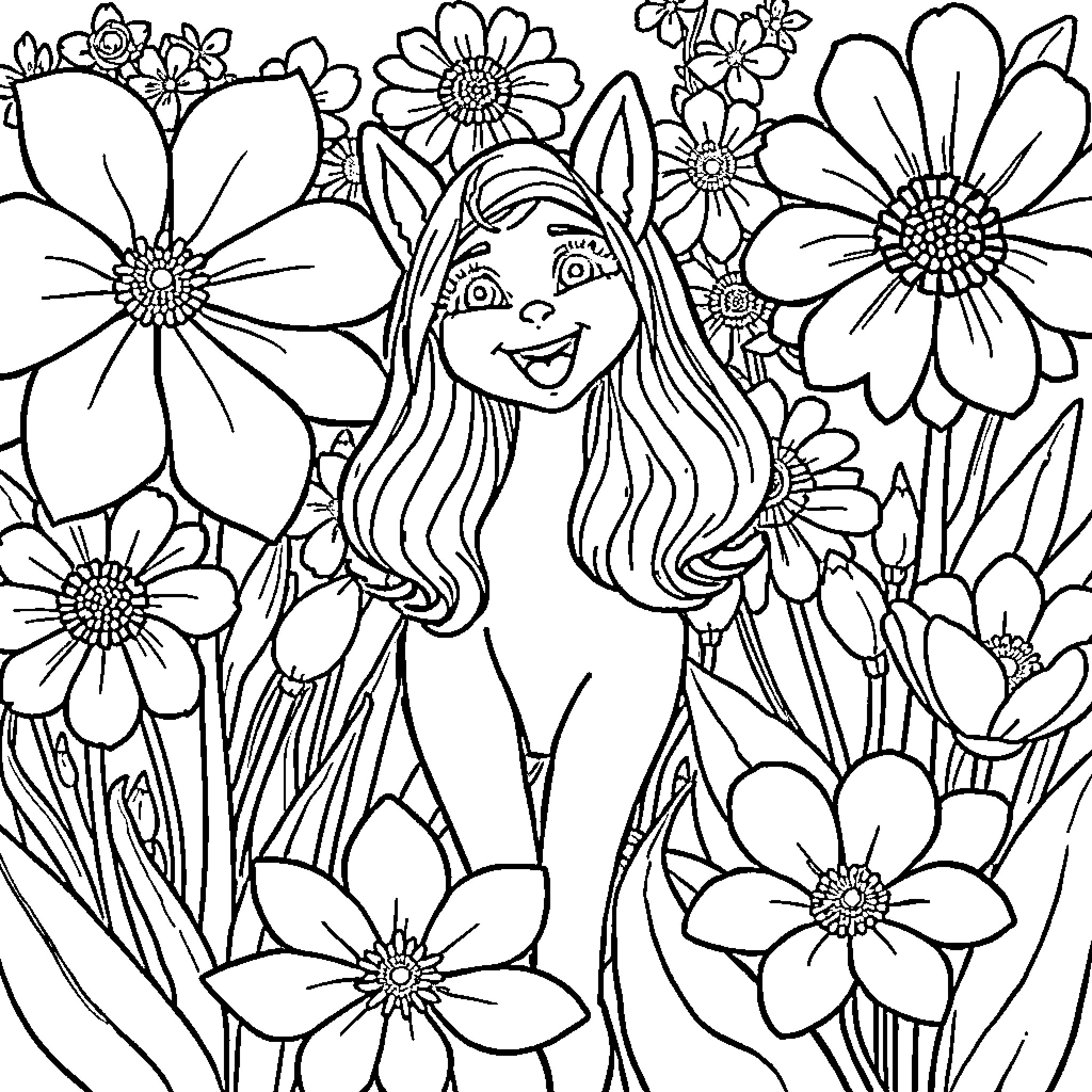 Maja enjoying a flower garden Coloring Page (free black-and-white line drawing printable PDF for all, from beginners to advanced learners, including children, teens, adults, and seniors)