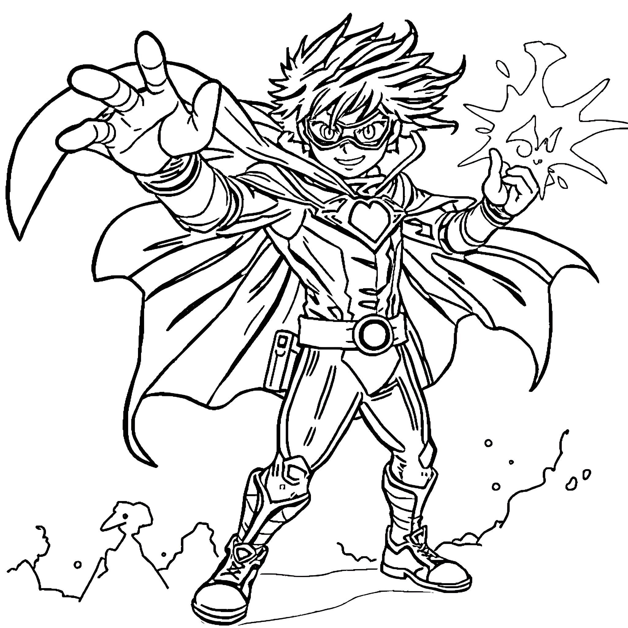 Superhero with Power Stance and Charging Energy Coloring Page (free black-and-white line drawing printable PDF for all, from beginners to advanced learners, including children, teens, adults, and seniors)