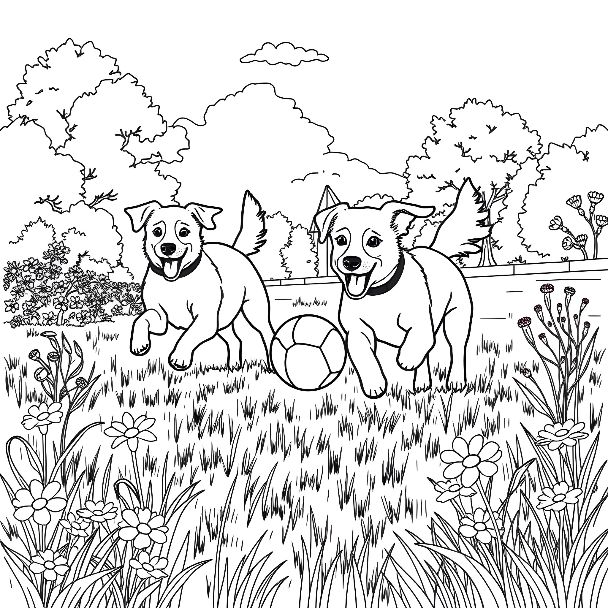 Dogs playing with soccer ball in park Coloring Page (free black-and-white line drawing printable PDF for all, from beginners to advanced learners, including children, teens, adults, and seniors)