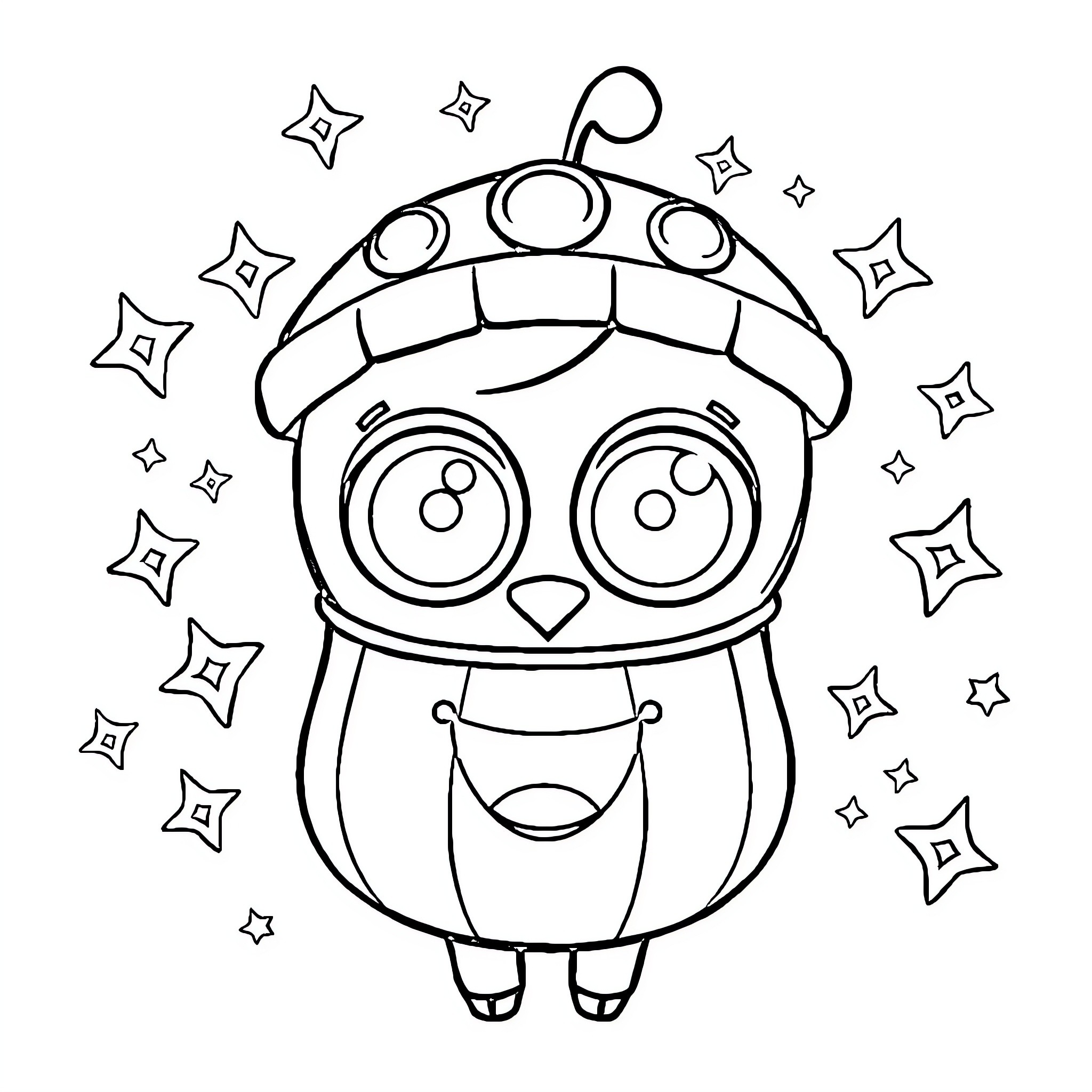 Labubu in Starry Wonderland Coloring Page (free black-and-white line drawing printable PDF for all, from beginners to advanced learners, including children, teens, adults, and seniors)