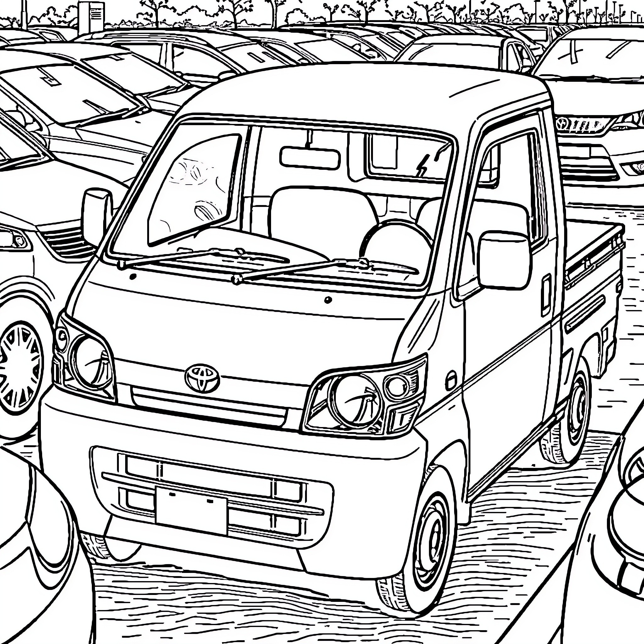 Toyota commercial van in parking lot Coloring Page (free black-and-white line drawing printable PDF for all, from beginners to advanced learners, including children, teens, adults, and seniors)