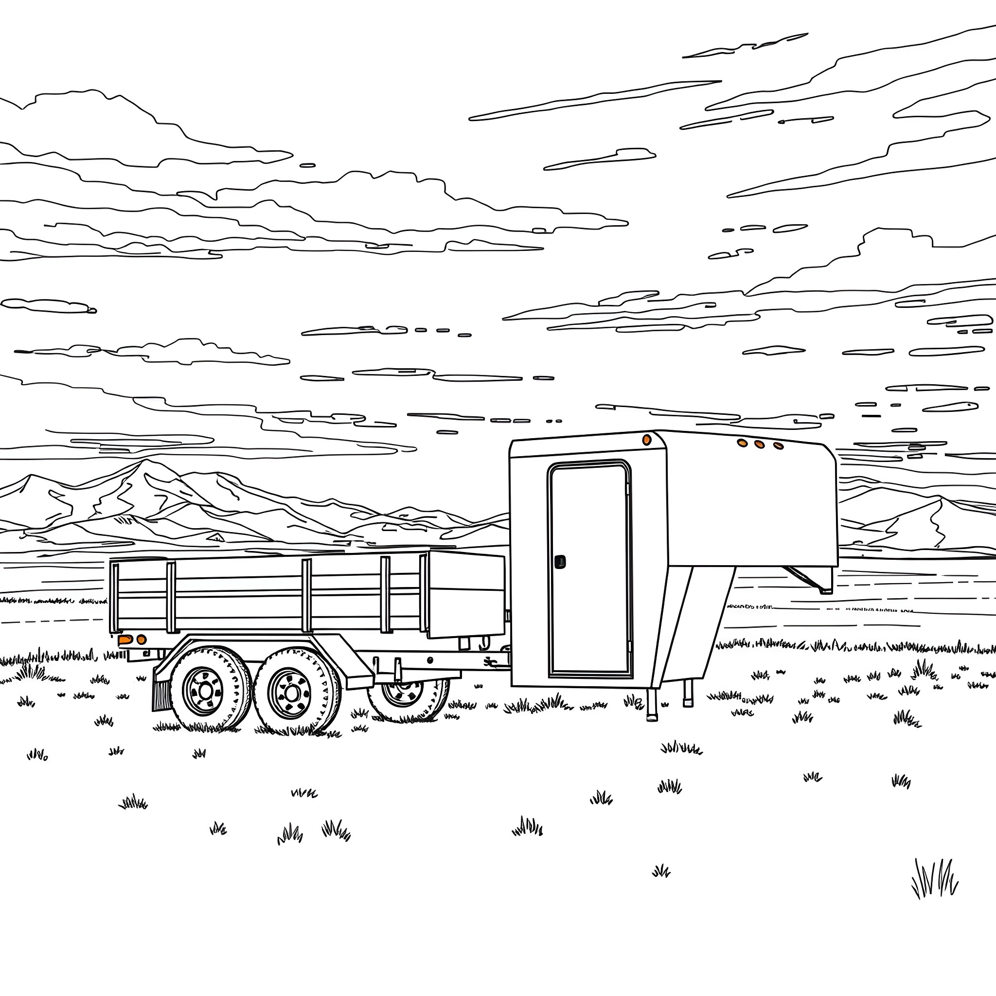 Gooseneck Trailer Hauling Supplies Through Remote Landscape Coloring Page (free black-and-white line drawing printable PDF for all, from beginners to advanced learners, including children, teens, adults, and seniors)