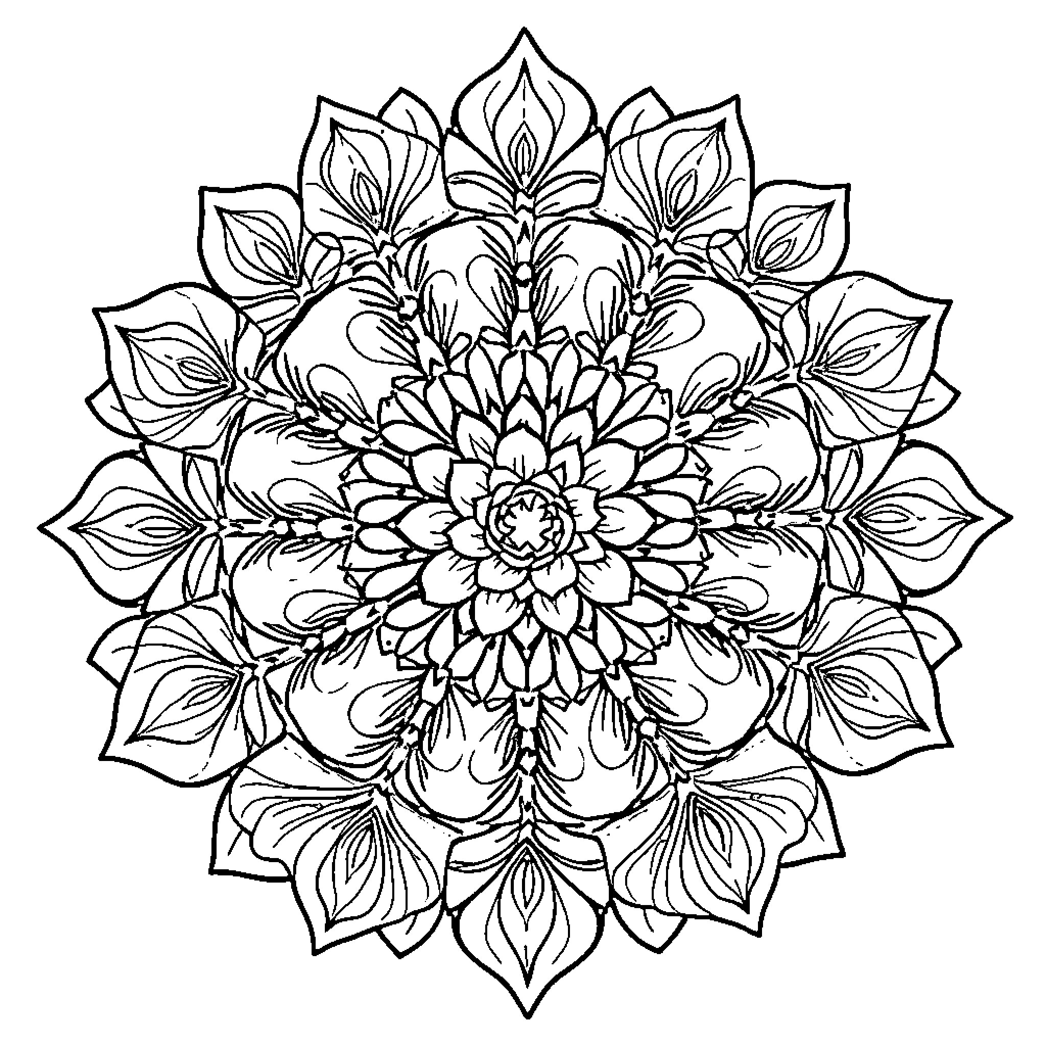 Mandala with intricate floral patterns and symmetry Coloring Page (free black-and-white line drawing printable PDF for all, from beginners to advanced learners, including children, teens, adults, and seniors)