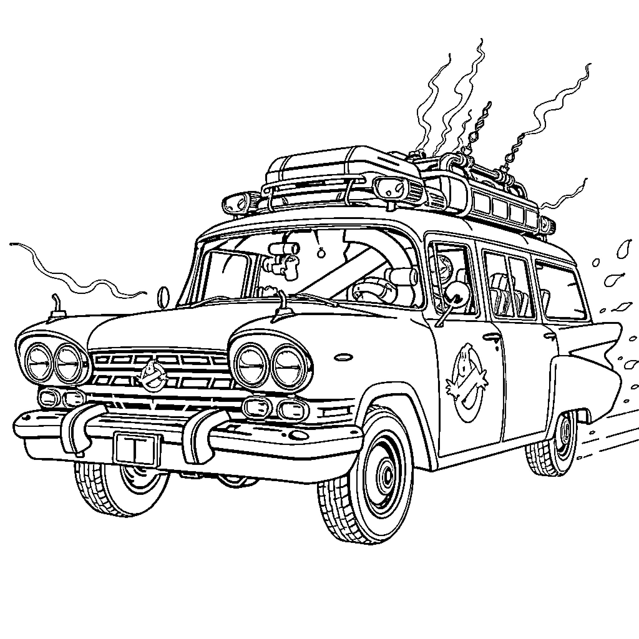 Ghostbusters vintage car with ghostly equipment Coloring Page (free black-and-white line drawing printable PDF for all, from beginners to advanced learners, including children, teens, adults, and seniors)