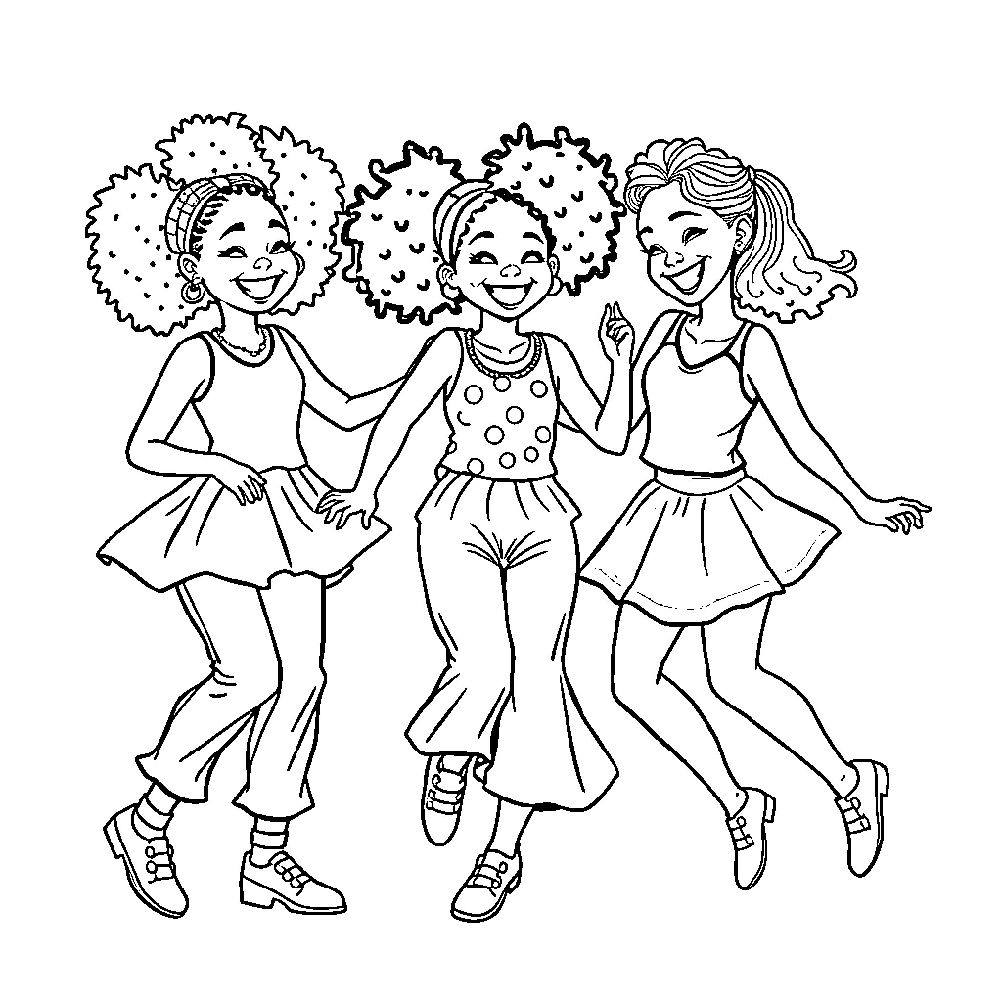 Girls dancing happily together Coloring Page (free black-and-white line drawing printable PDF for all, from beginners to advanced learners, including children, teens, adults, and seniors)
