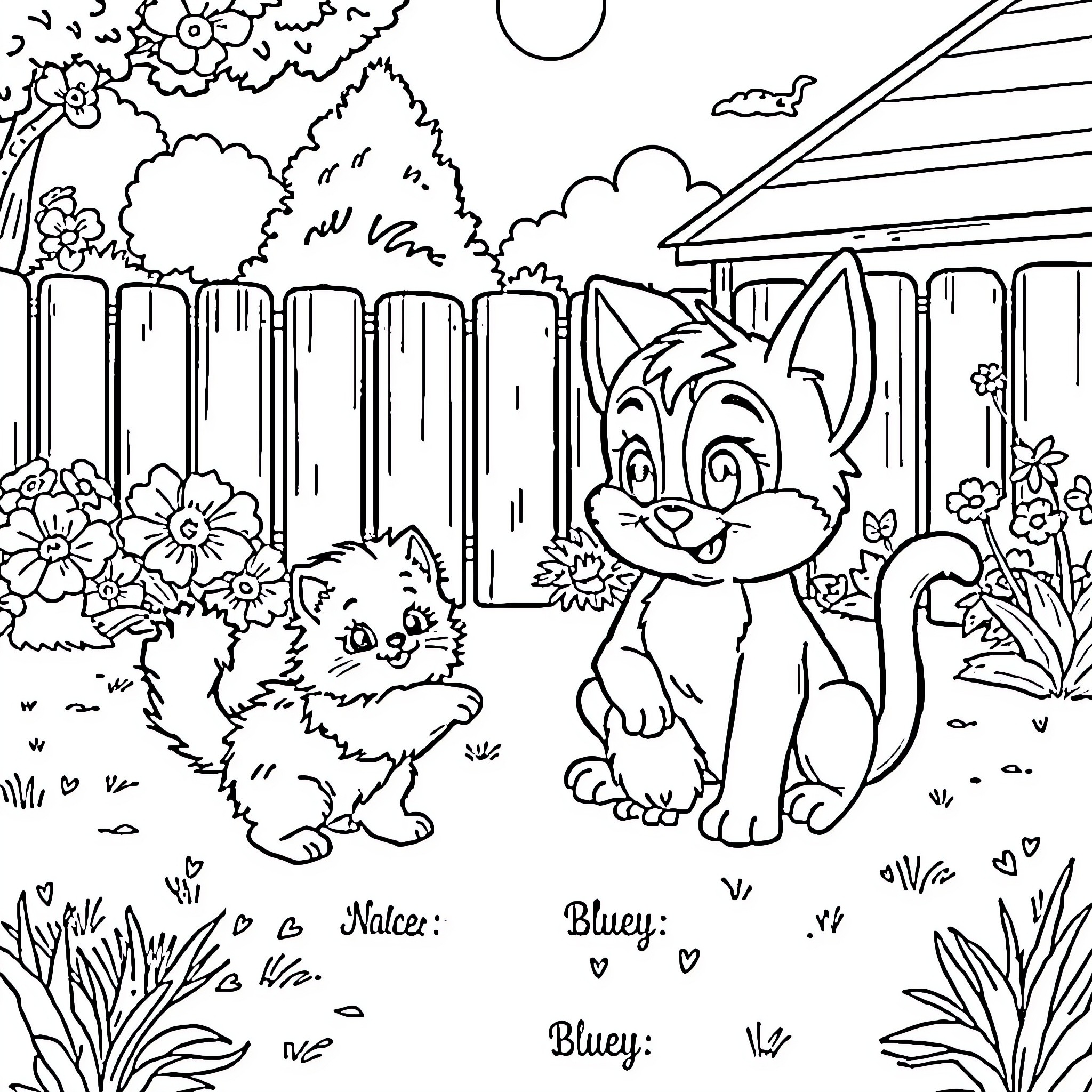Bluey playing joyfully in a lush garden Coloring Page (free black-and-white line drawing printable PDF for all, from beginners to advanced learners, including children, teens, adults, and seniors)