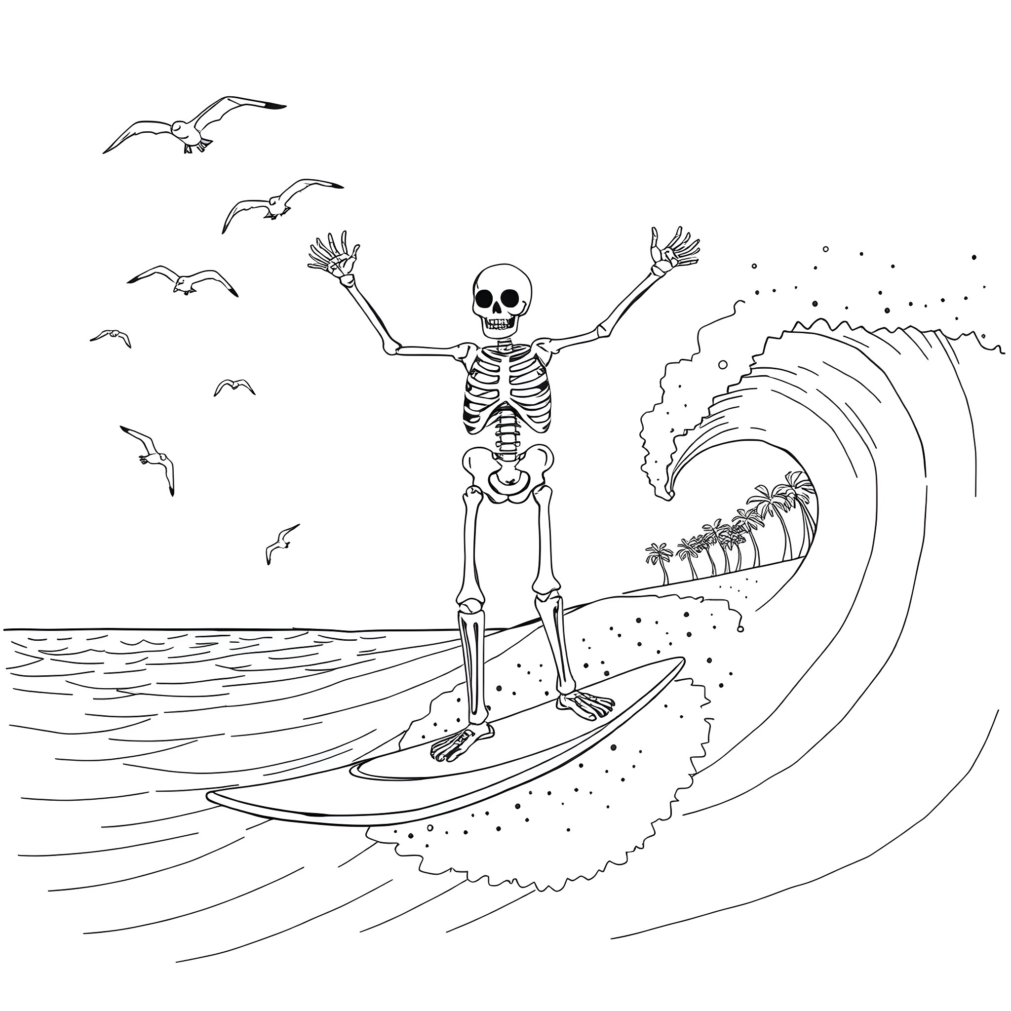 Skeleton surfer riding waves on the beach Coloring Page (free black-and-white line drawing printable PDF for all, from beginners to advanced learners, including children, teens, adults, and seniors)