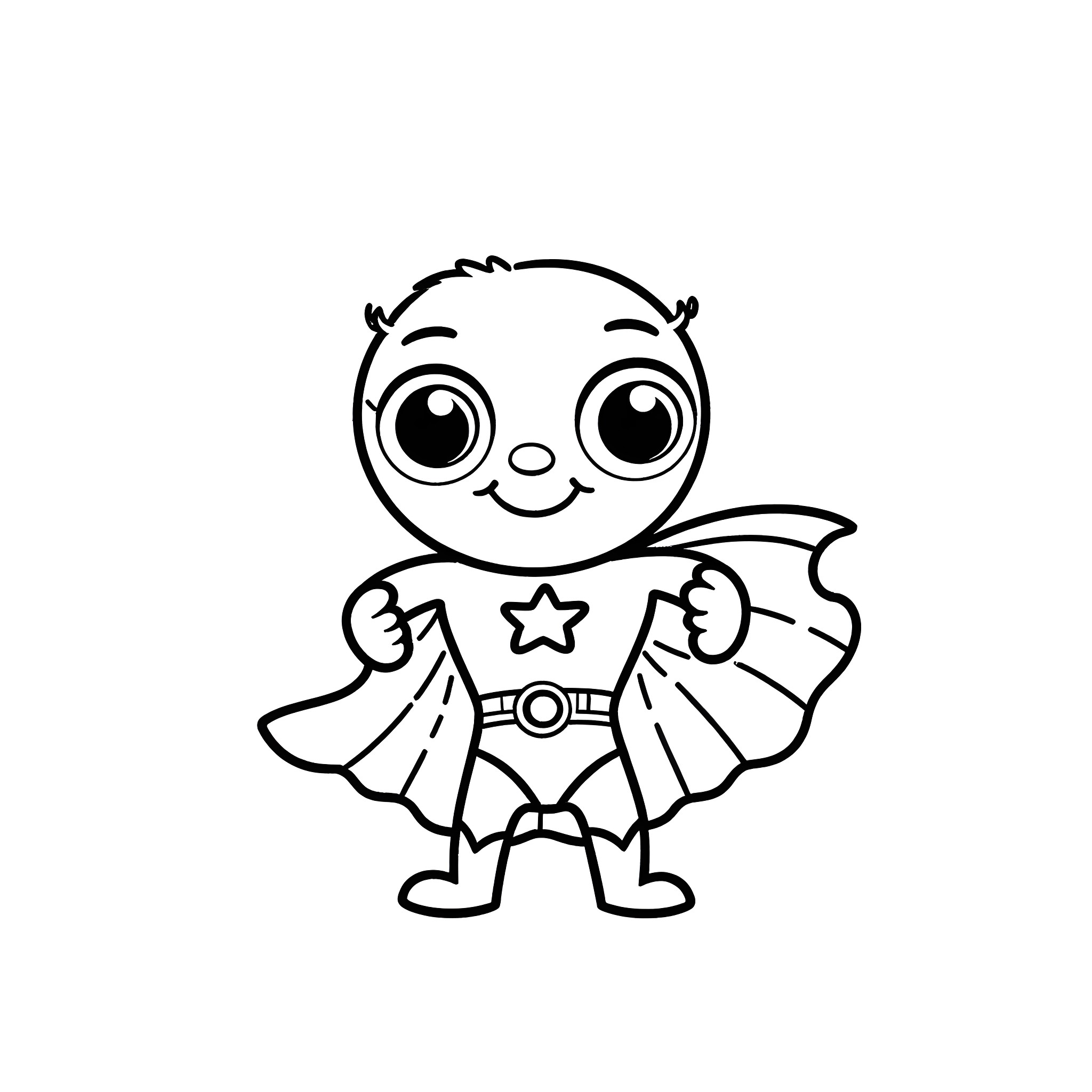 Bean superhero in costume with big eyes Coloring Page (free black-and-white line drawing printable PDF for all, from beginners to advanced learners, including children, teens, adults, and seniors)
