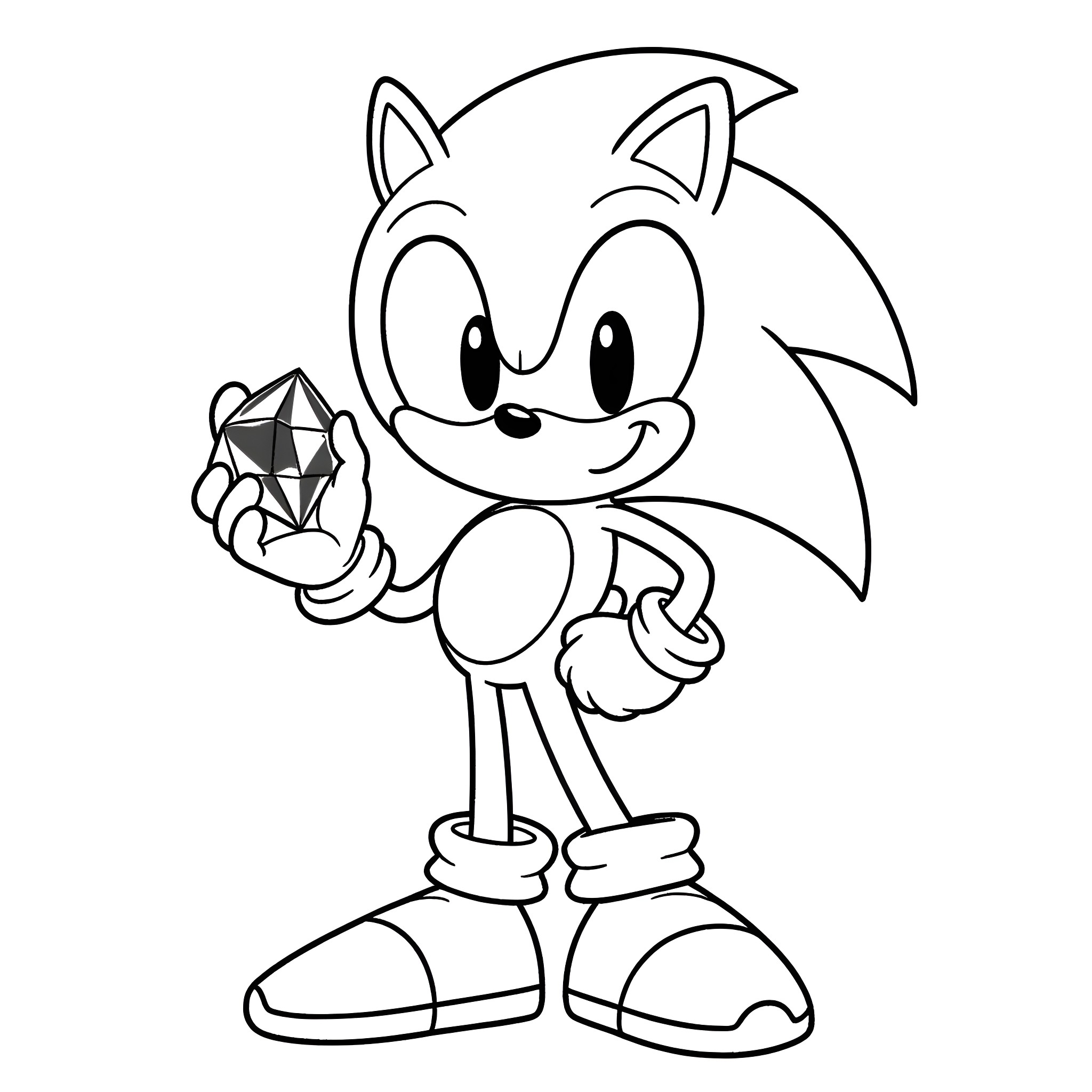 Sonic the Hedgehog holding a diamond Coloring Page (free black-and-white line drawing printable PDF for all, from beginners to advanced learners, including children, teens, adults, and seniors)