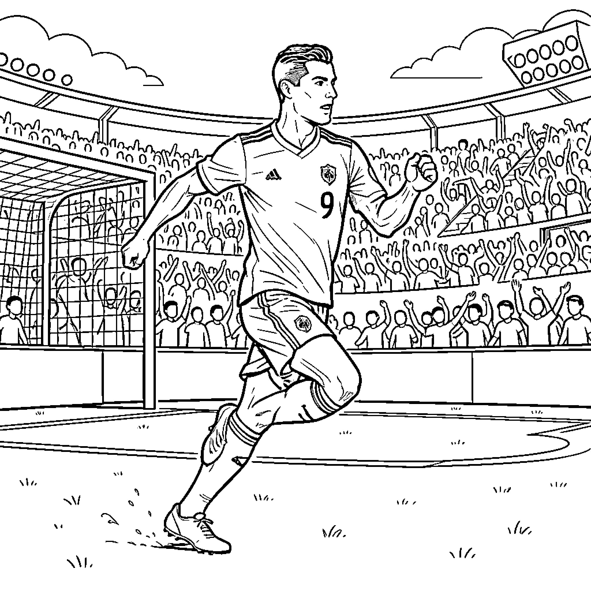 Cristiano Ronaldo celebrating a goal in a soccer stadium Coloring Page (free black-and-white line drawing printable PDF for all, from beginners to advanced learners, including children, teens, adults, and seniors)