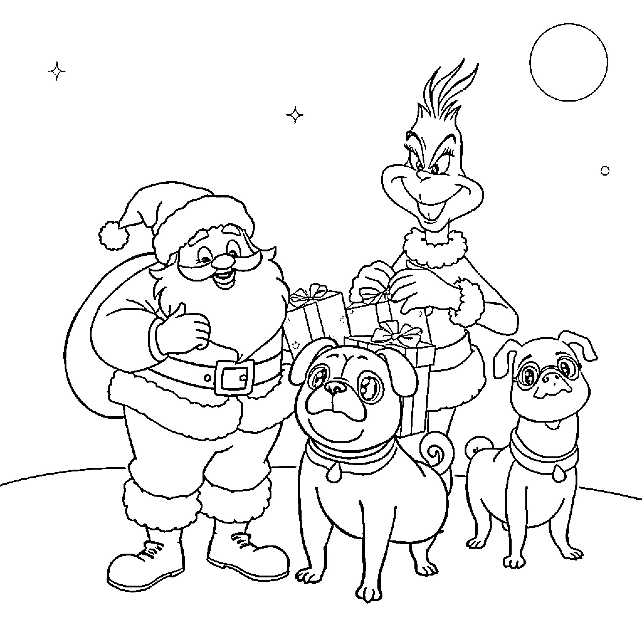 Santa Claus and friends celebrate the holidays Coloring Page (free black-and-white line drawing printable PDF for all, from beginners to advanced learners, including children, teens, adults, and seniors)