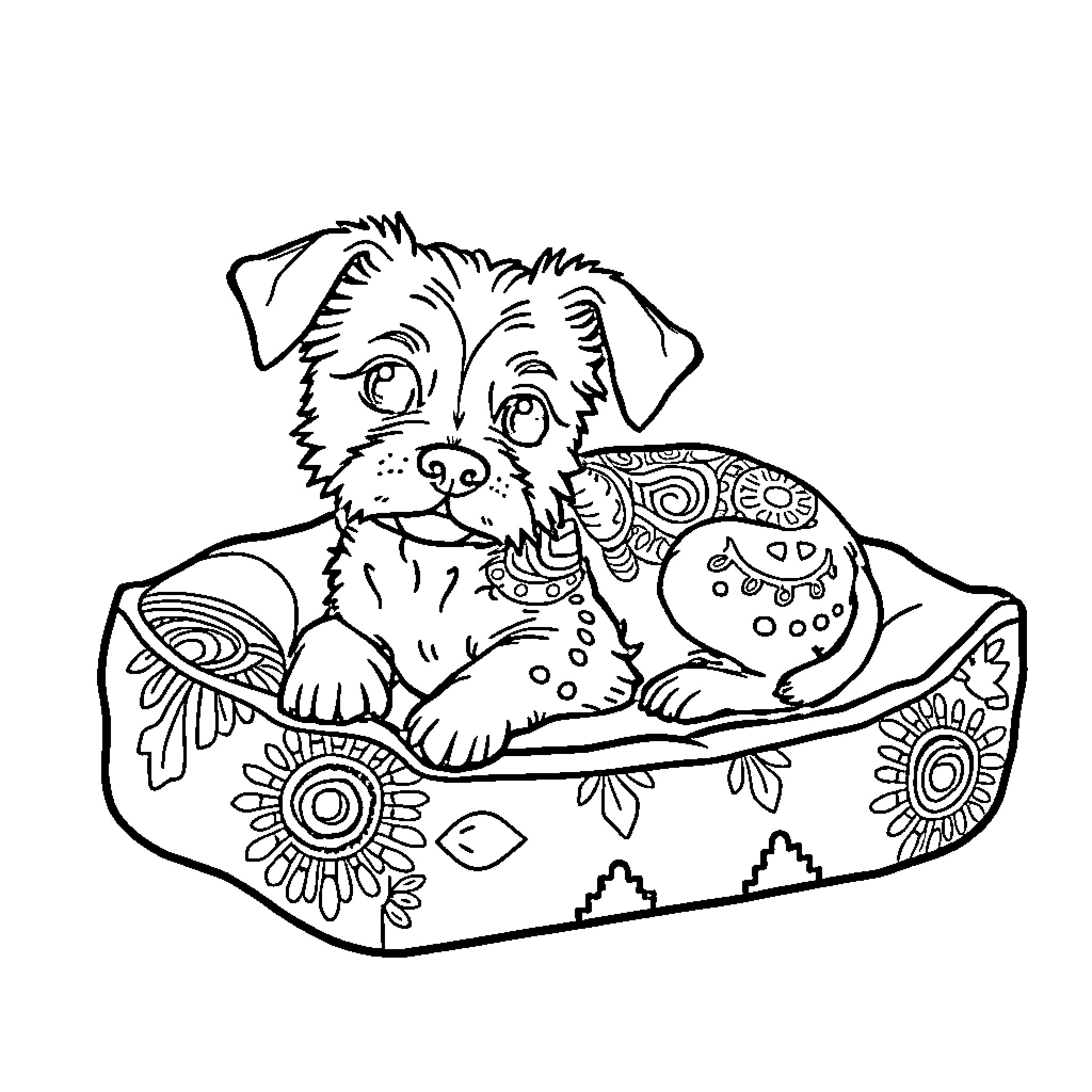 Dog resting comfortably in a decorated bed Coloring Page (free black-and-white line drawing printable PDF for all, from beginners to advanced learners, including children, teens, adults, and seniors)