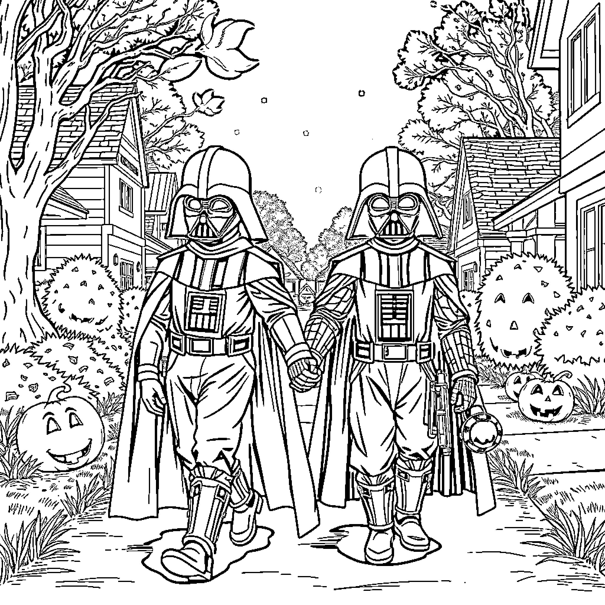 Darth Vader and Companion Strolling Through Autumn Landscape Coloring Page (free black-and-white line drawing printable PDF for all, from beginners to advanced learners, including children, teens, adults, and seniors)